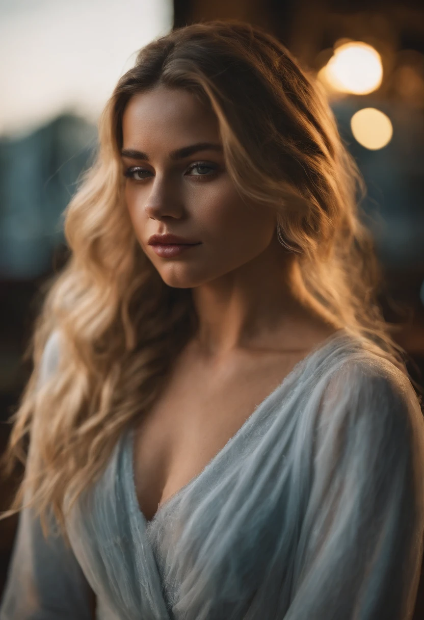 Realistic young twenty years old white female Instagram influencer, Best quality, Blonde, 1 fille, yeux bleus, en robe courte moulante noir au club (((Huge chest,A plump chest))