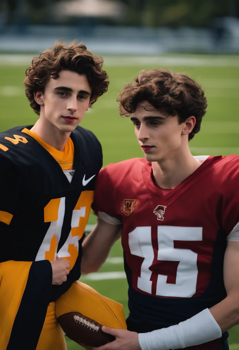 Timothee Chalamet wearing a cheerleader outfit and behind him is Shawn Mendes wearing american football uniform after practice on the field