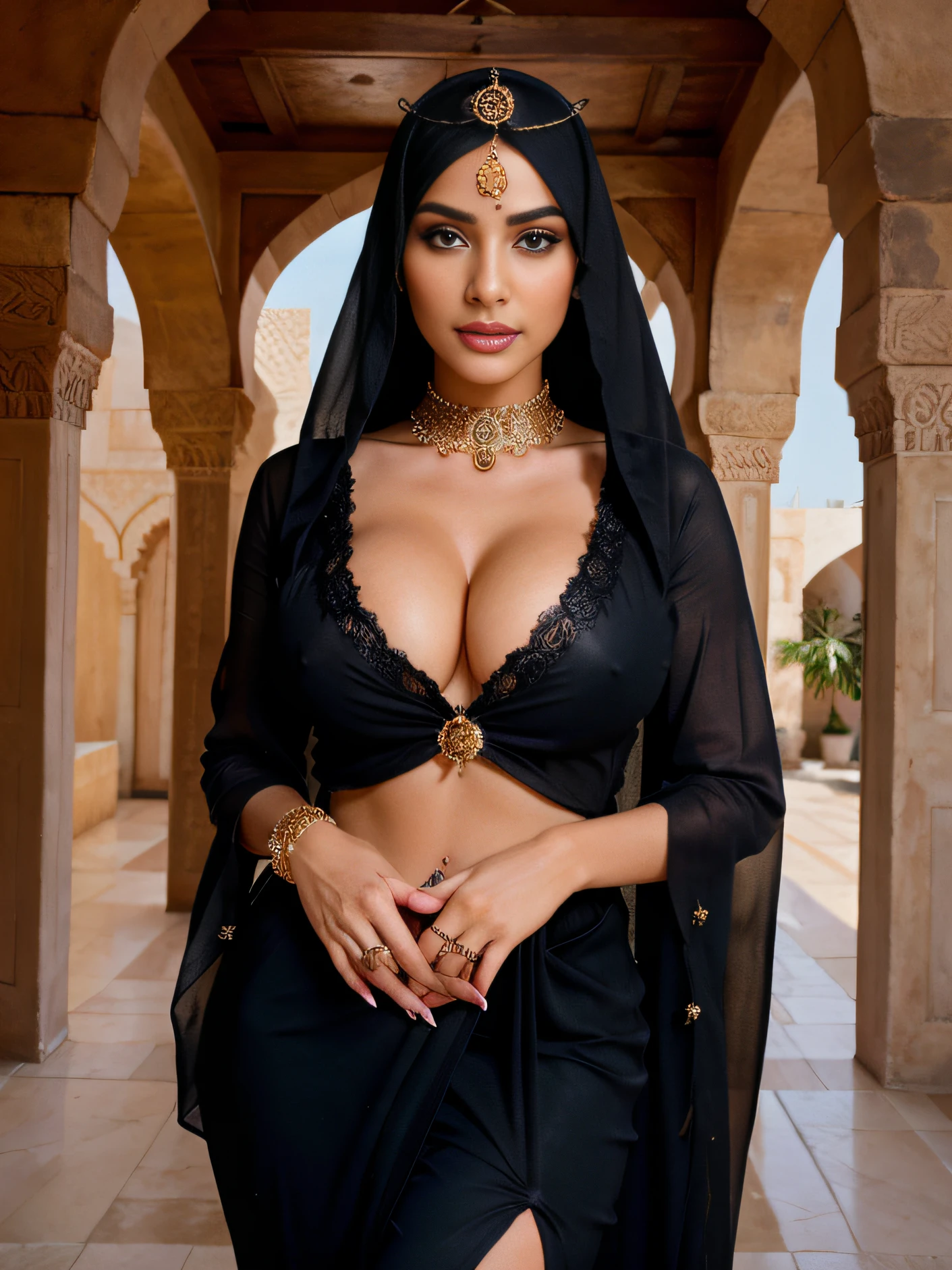 a woman in a veil posing for a picture, arabic goddess, traditional beauty, arabic, beautiful goddess, ornate cosplay, indian style, arabic super model, beautiful maiden, clear detailed face, gorgeous woman, middle eastern with long, provocative arabic, gorgeous beautiful woman, intricate outfit, Arabian aesthetic, beautiful middle eastern girl, extremely detailed goddess shot, jaw-dropping beauty, big boobs deep cleavage sexy navel, perfect nails, detailed women's nails, white colored nails, finger nails, detailed feminine hand, very realistic hand with 5 fingers, perfect 5 fingers on hand, perfect 5 toes on feet, hiding fingers, wearing black, hands behind her head, wearing black sexy dress, perfect detailed nails, detailed hands with 5 fingers,
