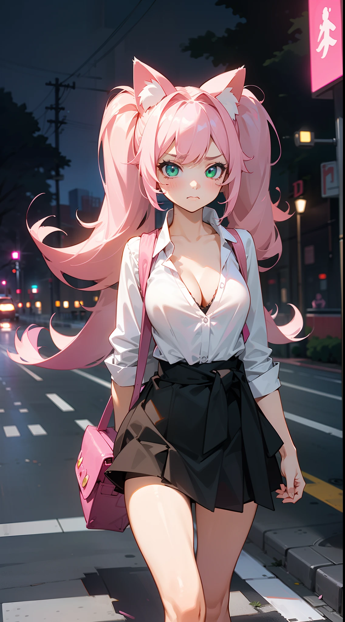 1girl,solo,sad face,closed mouth,white shirt,little cleavage,(black sweater around waist),pink skirt,normal tits,(pink cat ears),light pink hair,mega twintail,long hair,green eyes,schoolbag,(((walking in a road on city in night))),cowboy shot