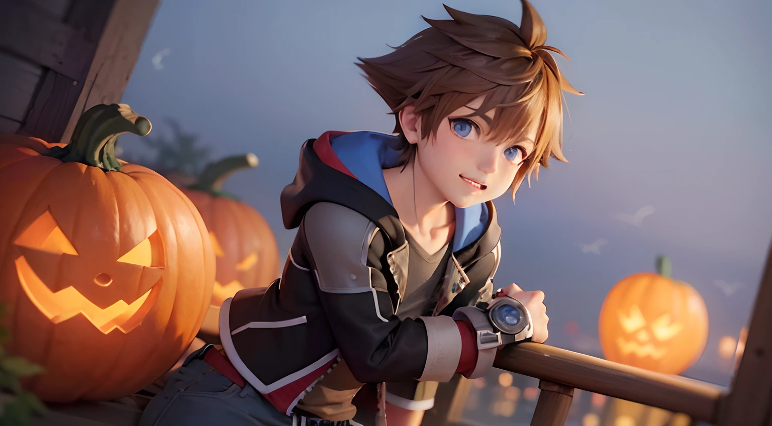(master part, best quality:1.2), cowboy shot, sozinho, Foco masculino, 1st , Sora \(kingdom hearts\), serious, intense, Olhando para o Viewer, jaqueta com capuz, shorts , dia das bruxas, outono, Pumpkin, nightsky, Misterioso, estranho