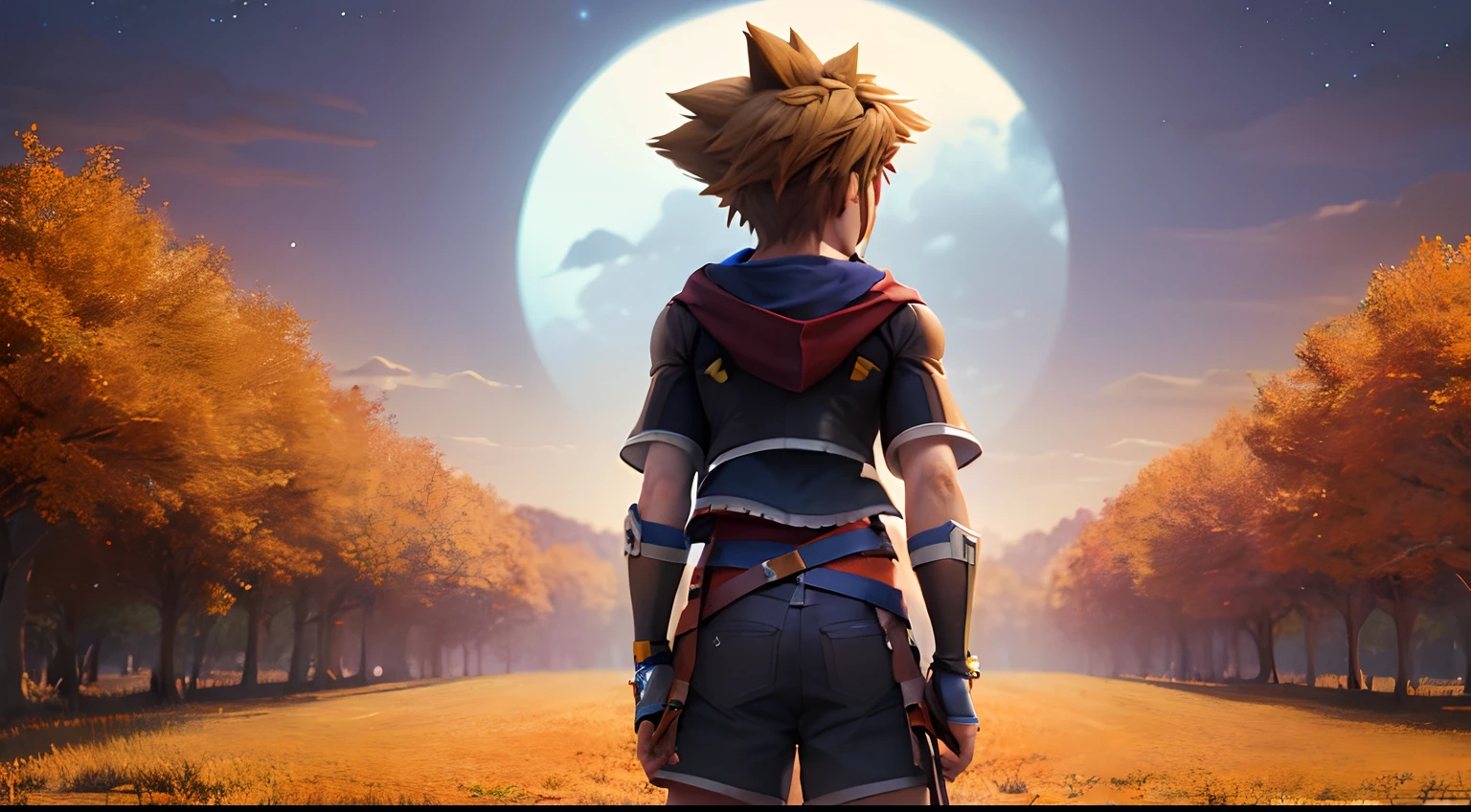 (masterpiece, best quality:1.2), cowboy shot, solo, male focus, 1boy, sora \(kingdom hearts\), serious, intense, looking at viewer, hooded jacket, shorts , halloween, autumn, pumpkin, nightsky, mysterious, eerie, field, meadow