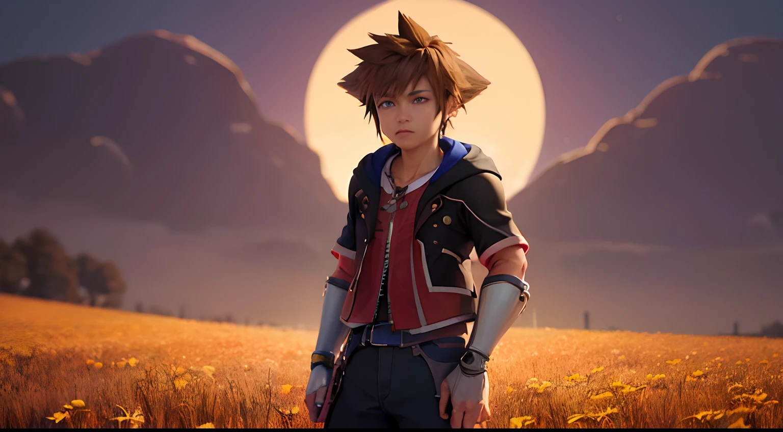 (masterpiece, best quality:1.2), cowboy shot, solo, male focus, 1boy, sora \(kingdom hearts\), serious, intense, looking at viewer, hooded jacket, shorts , halloween, autumn, pumpkin, nightsky, mysterious, eerie, field, meadow