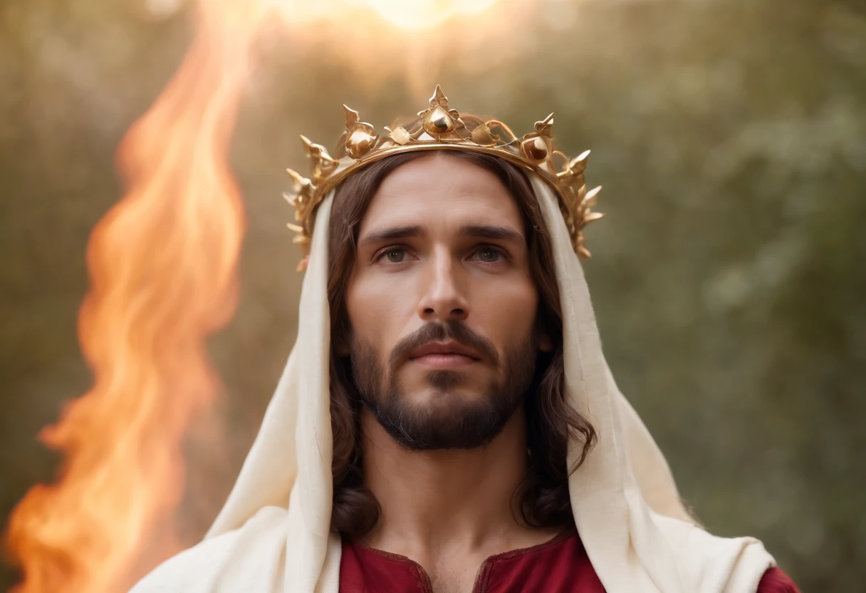 Jesus Cristo com vestes brancas, a crown on her head, uma capa vermelha, a flaming sword in his right hand
