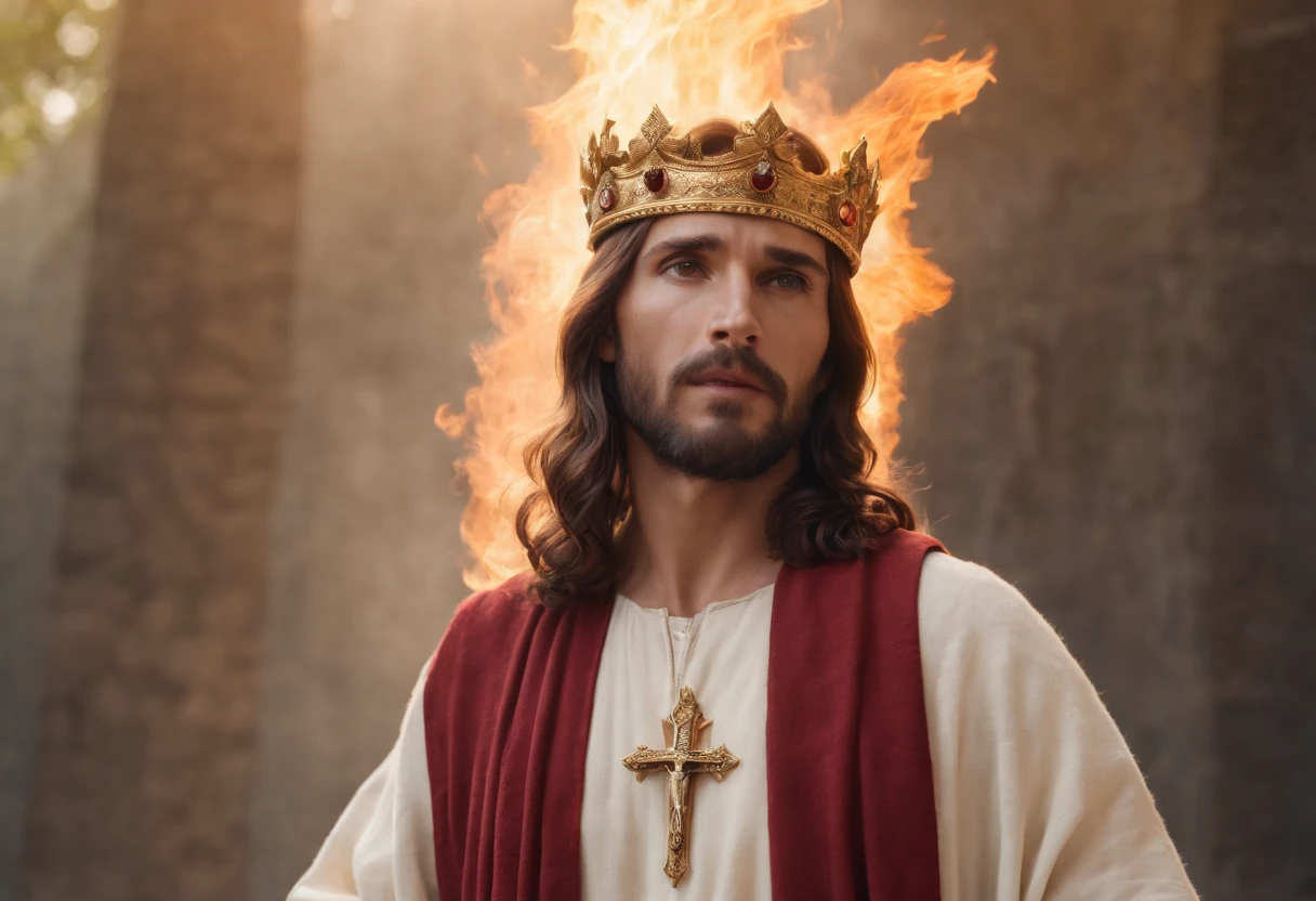 Jesus Cristo com vestes brancas, a crown on her head, uma capa vermelha, a flaming sword in his right hand