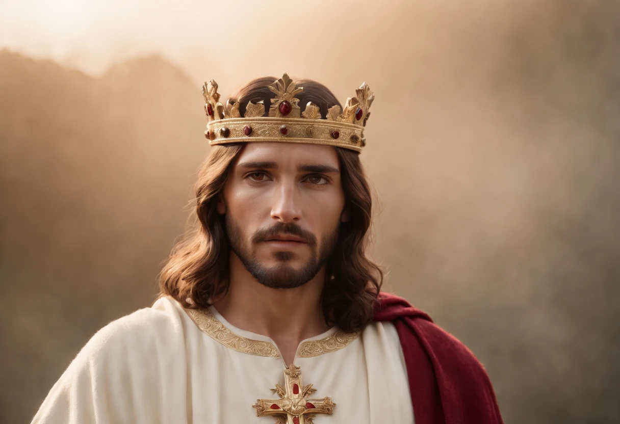 Jesus Cristo com vestes brancas, a crown on her head, uma capa vermelha, a flaming sword in his right hand