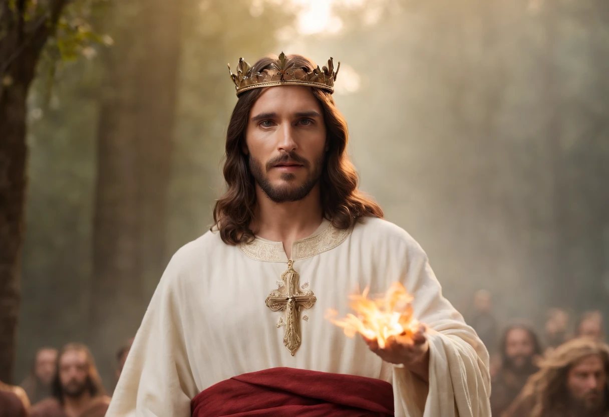 Jesus Cristo com vestes brancas, a crown on her head, uma capa vermelha, a flaming sword in his right hand