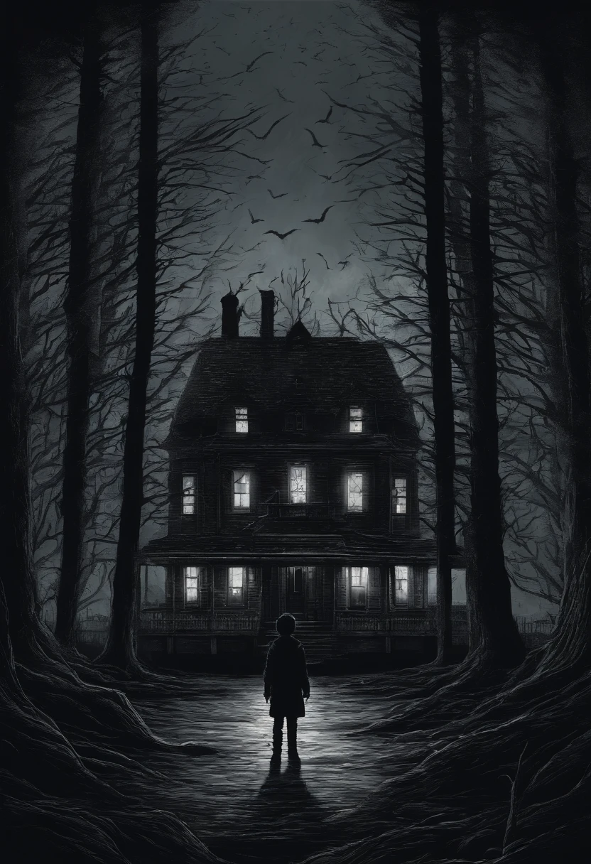 Nuit, ciel sombre, star, maison au centre, arbres, horreur, Silhouette at the window, style stranger things