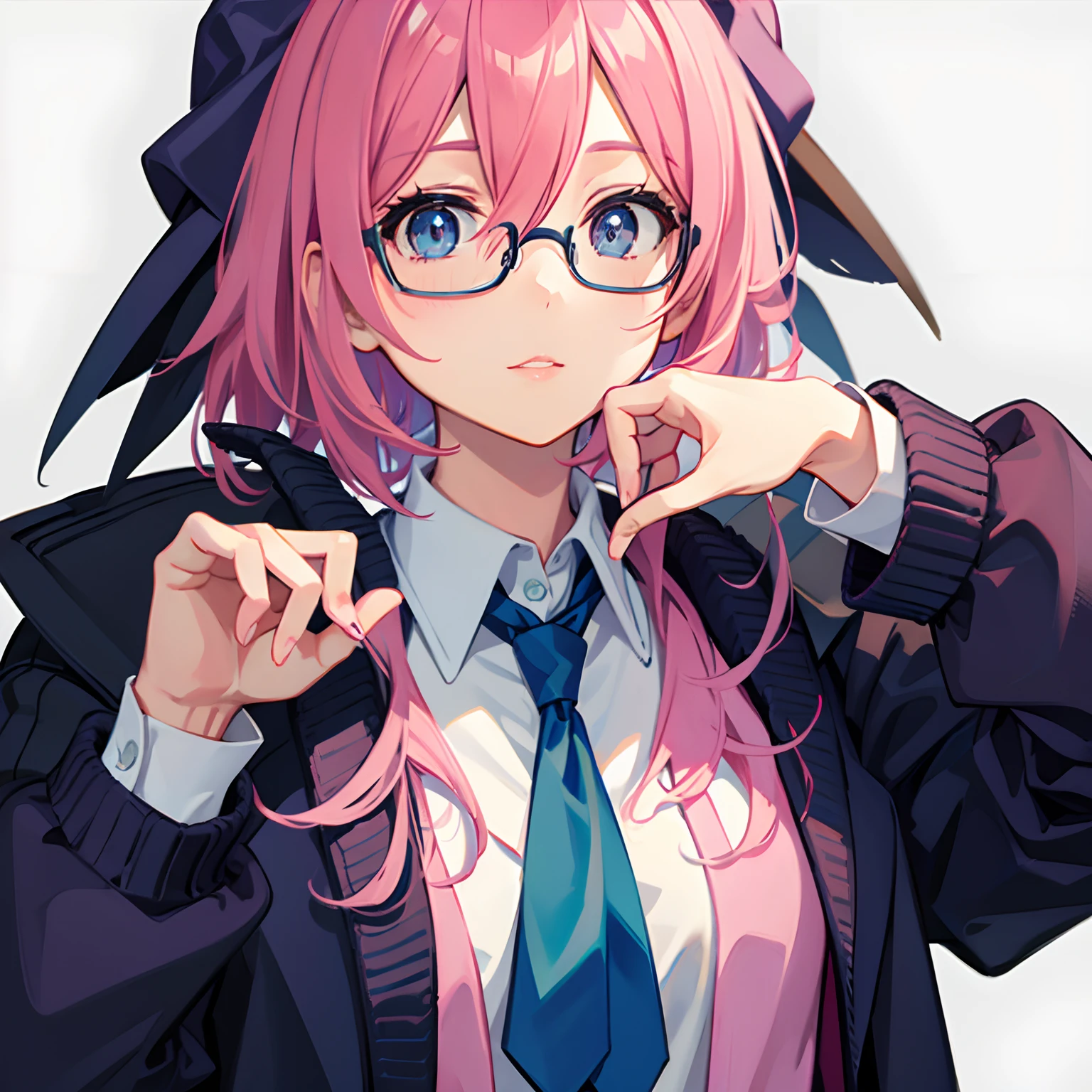 Blue eyes, pink hair, bob hair, glasses, uniform, cardigan