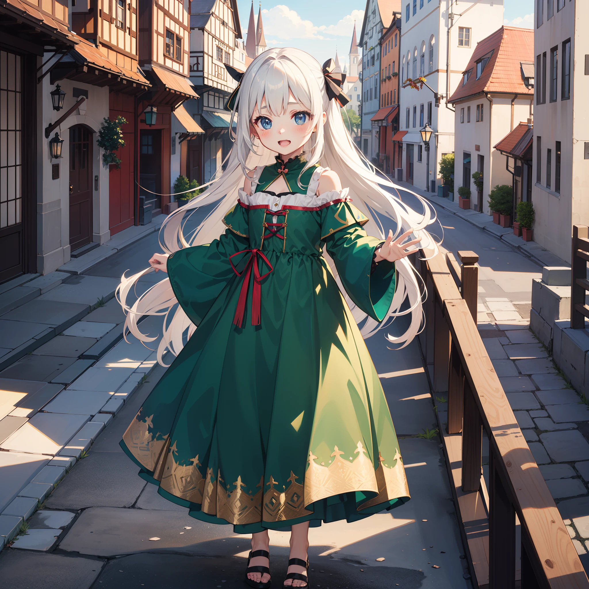 (very cute female :1.6),10 yo,(Dandre's costume:1.8),(green skirt:1.3),BREAK full body shot,medium shot,BREAK (kawaii,loli:1.5),(medieval german cityscape:1.5),Summer,day, Long hair,flat chest,Wind,BREAK  (extremely detailed CG unity 8k portrait:1.3),ray-tracing:1.7, (Realism: 1.4), (Masterpiece: 1.3), (highly quality:1.3),(Breathtaking Scenery:1.3),super fine illustration