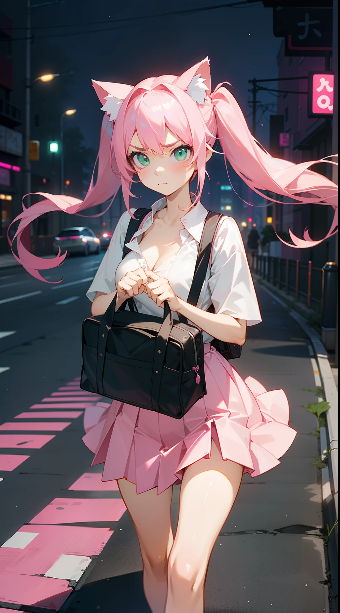 1girl,solo,sad face,closed mouth,white shirt,little cleavage,pink skirt,normal tits,(pink cat ears),light pink hair,mega twintail,long hair,green eyes,schoolbag,(((walking in a road on city in night))),cowboy shot