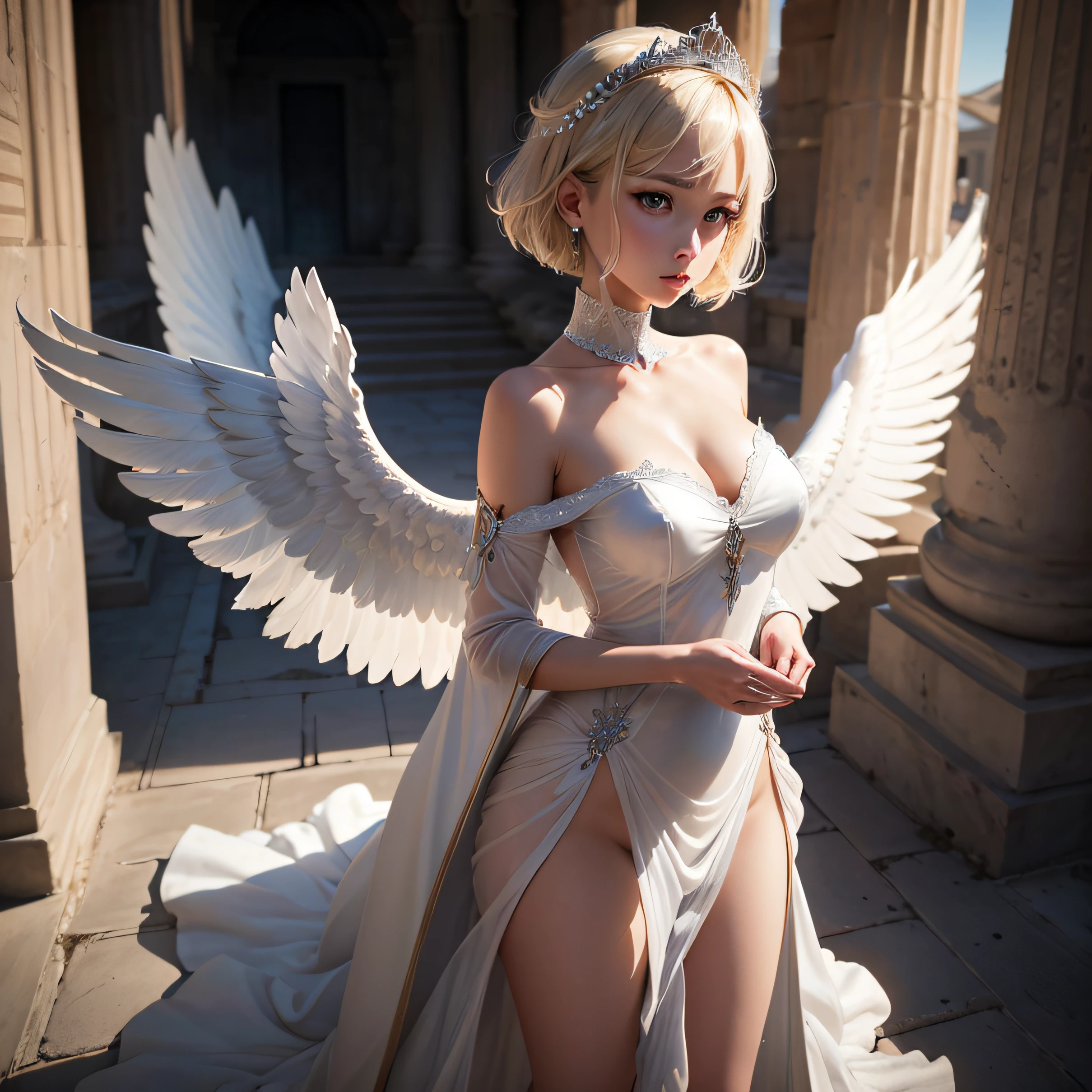 Under the big full moon、Greek Temples、White pigeons fly、8K、realphoto、超A high resolution, Master Parts, Best Quality, nffsw , cinematic images,Lovely girl、ann、18year old、Anglo-Saxon、二重まぶた、drooing eyes、 ighly detailed , a blond、straight short hair、 Sweet look ,thin lipss , Very clear shadows , jewely , A sexy , A detailed eye, very intricate, shiny skins , Perfect Brilliant, Perfect Lighting, Dramatic shadows ,White tiara on head、Greek see-through white dress、White angel wings feathers from the shoulders