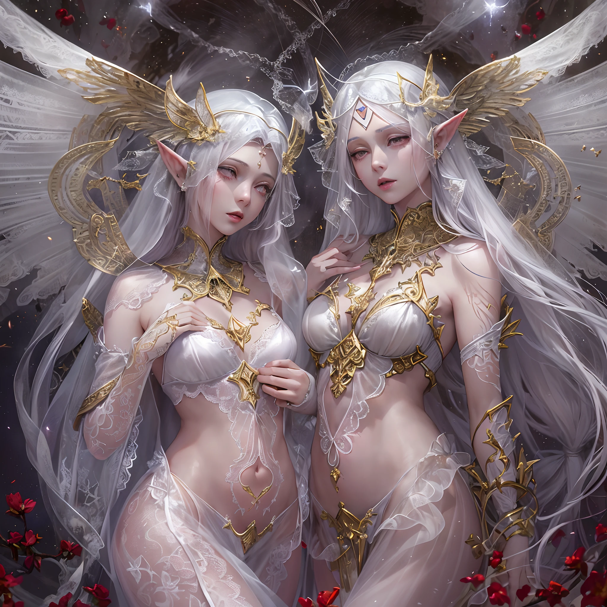 Sisters, Milky Way, Crescent Moon, Meteor Shower, Silver Hair, Feathered Angel Wings, Elven Ears, Transparent Finish, Realistic Body Lines, (((Many long white lace veils flutter in the wind))),((Red tattoo with womb under the navel))))), (Silk gold and silver lingerie), ((((Dirty crest)))