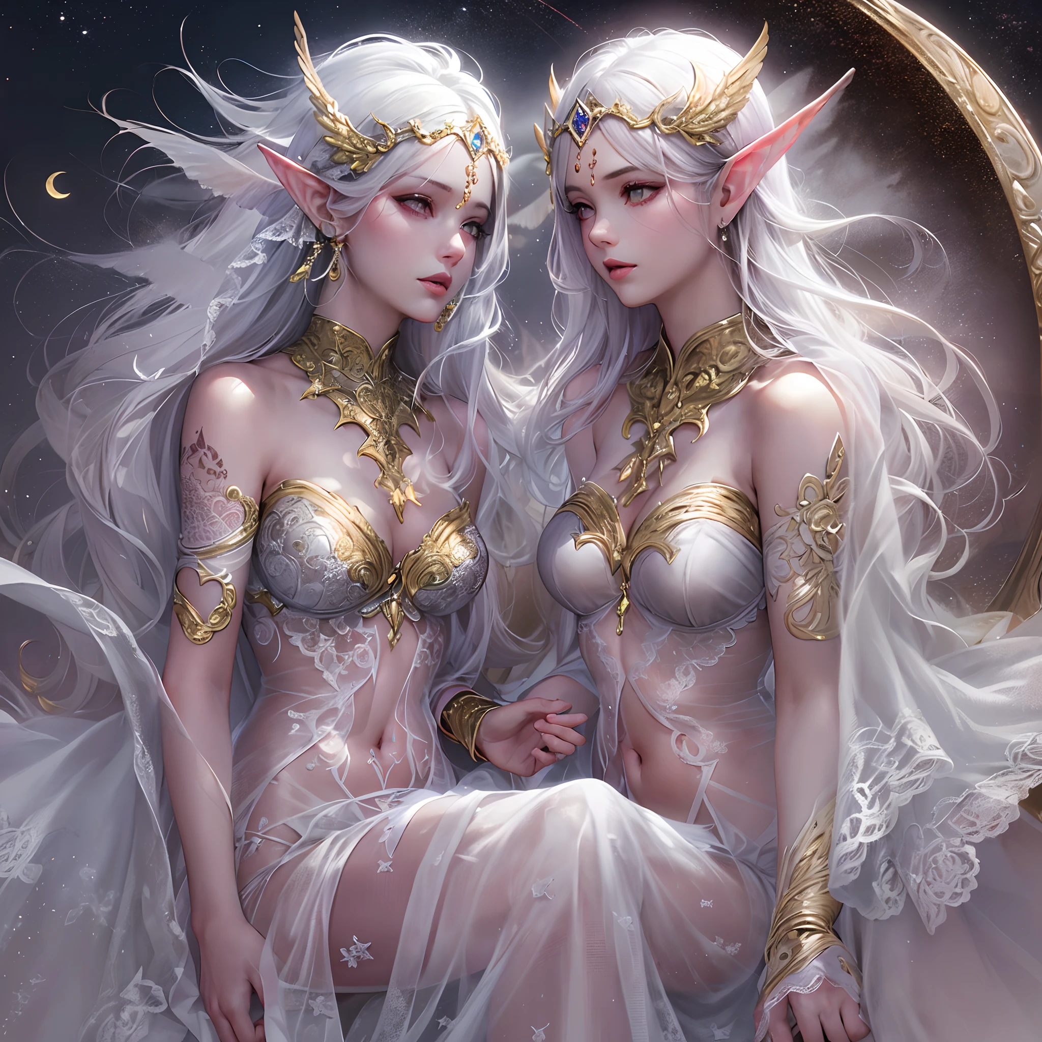 Sisters, Milky Way, Crescent Moon, Meteor Shower, Silver Hair, Feathered Angel Wings, Elven Ears, Transparent Finish, Realistic Body Lines, (((Many long white lace veils flutter in the wind))),((Red tattoo with womb under the navel))))), (Silk gold and silver lingerie), ((((Dirty crest)))