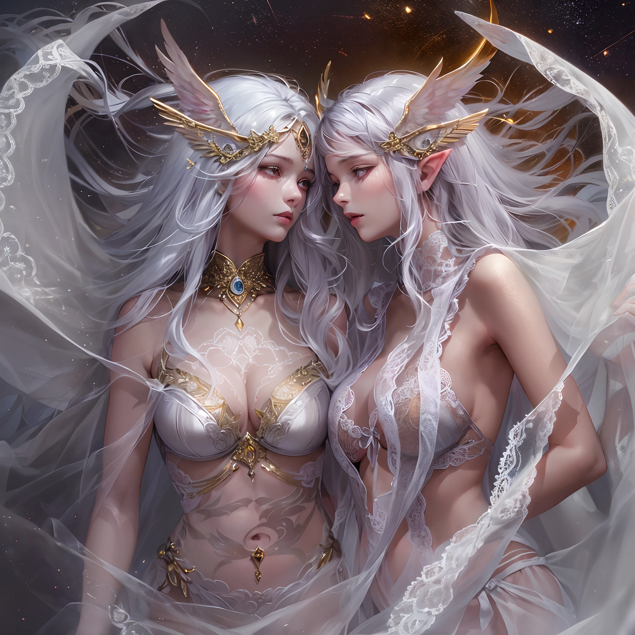 Sisters, Milky Way, Crescent Moon, Meteor Shower, Silver Hair, Feathered Angel Wings, Elven Ears, Transparent Finish, Realistic Body Lines, (((Many long white lace veils flutter in the wind))),((Red tattoo with womb under the navel))))), (Silk gold and silver lingerie), ((((Dirty crest)))