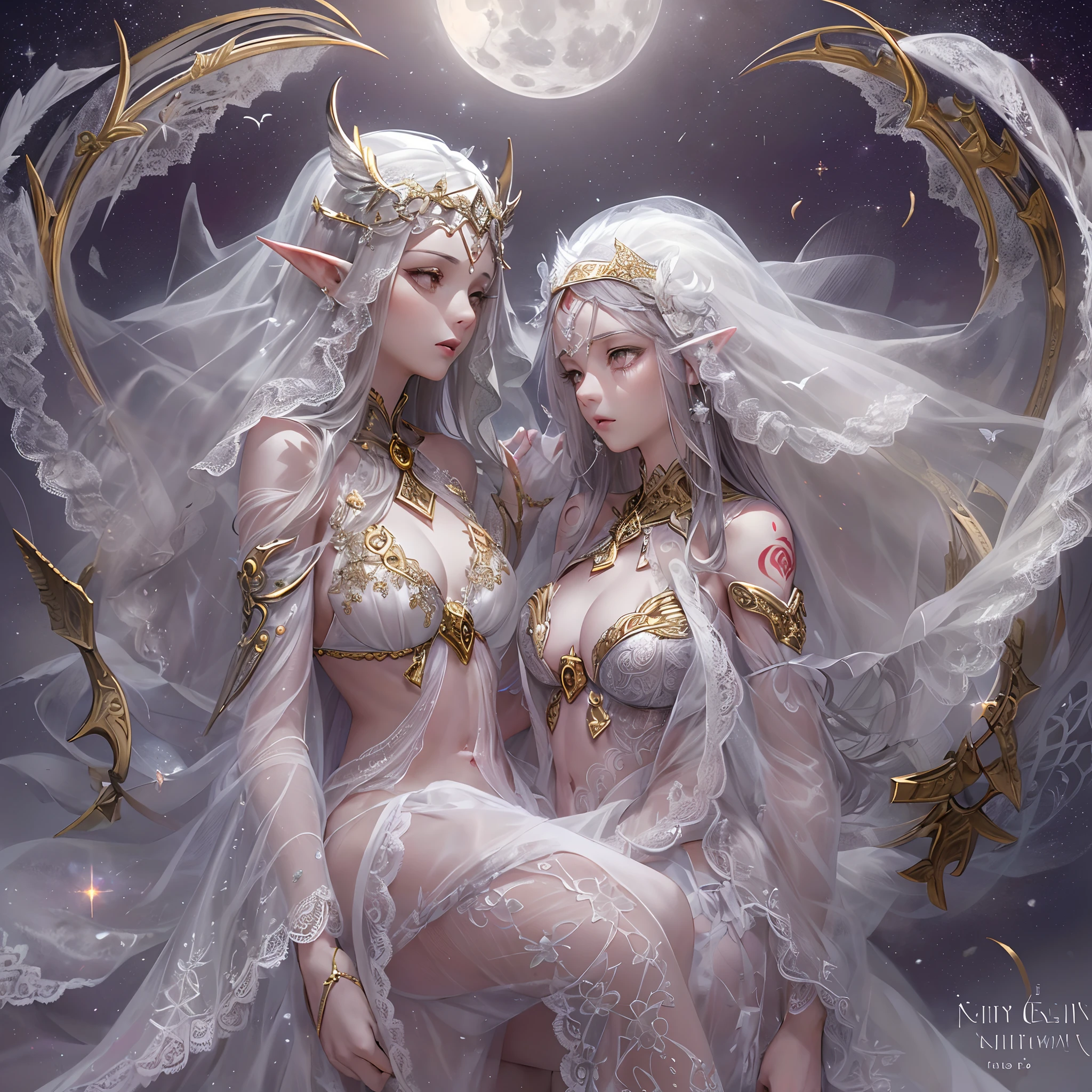 Sisters, Milky Way, Crescent Moon, Meteor Shower, Silver Hair, Feathered Angel Wings, Elven Ears, Transparent Finish, Realistic Body Lines, (((Many long white lace veils flutter in the wind))),((Red tattoo with womb under the navel))))), (Silk gold and silver lingerie), ((((Dirty crest)))