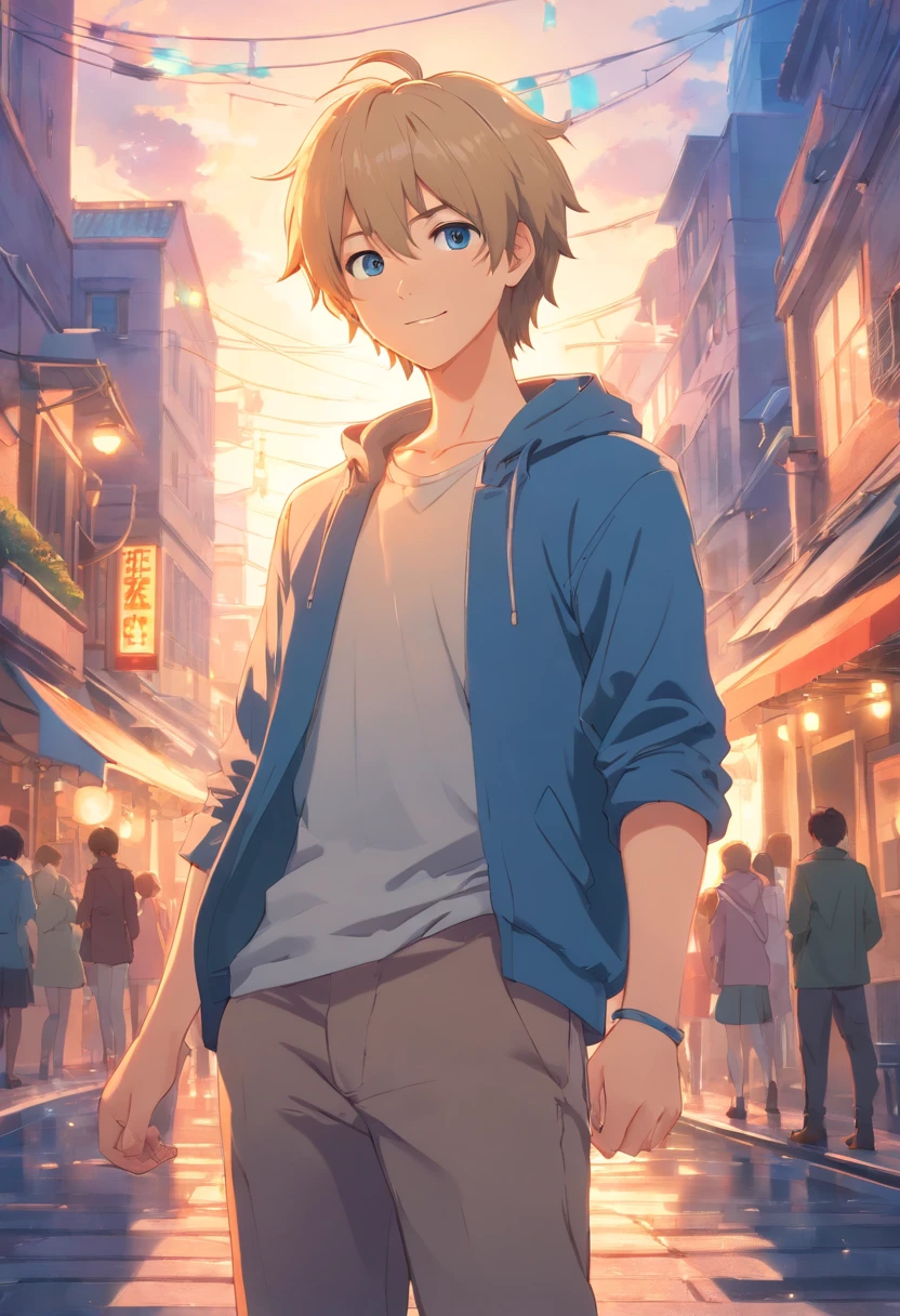 Foto bruta 8K, melhor qualidade, master part, ultra high-resolution, Olhando para o Viewer, Anime Dash Style,portrait full body of a albino man with (((25 years old))) with a confident pose and smilling, ((medium messy platinum full-bodied hair)), blue eyes, rosy cheeks with freckles, in a magnificent castle