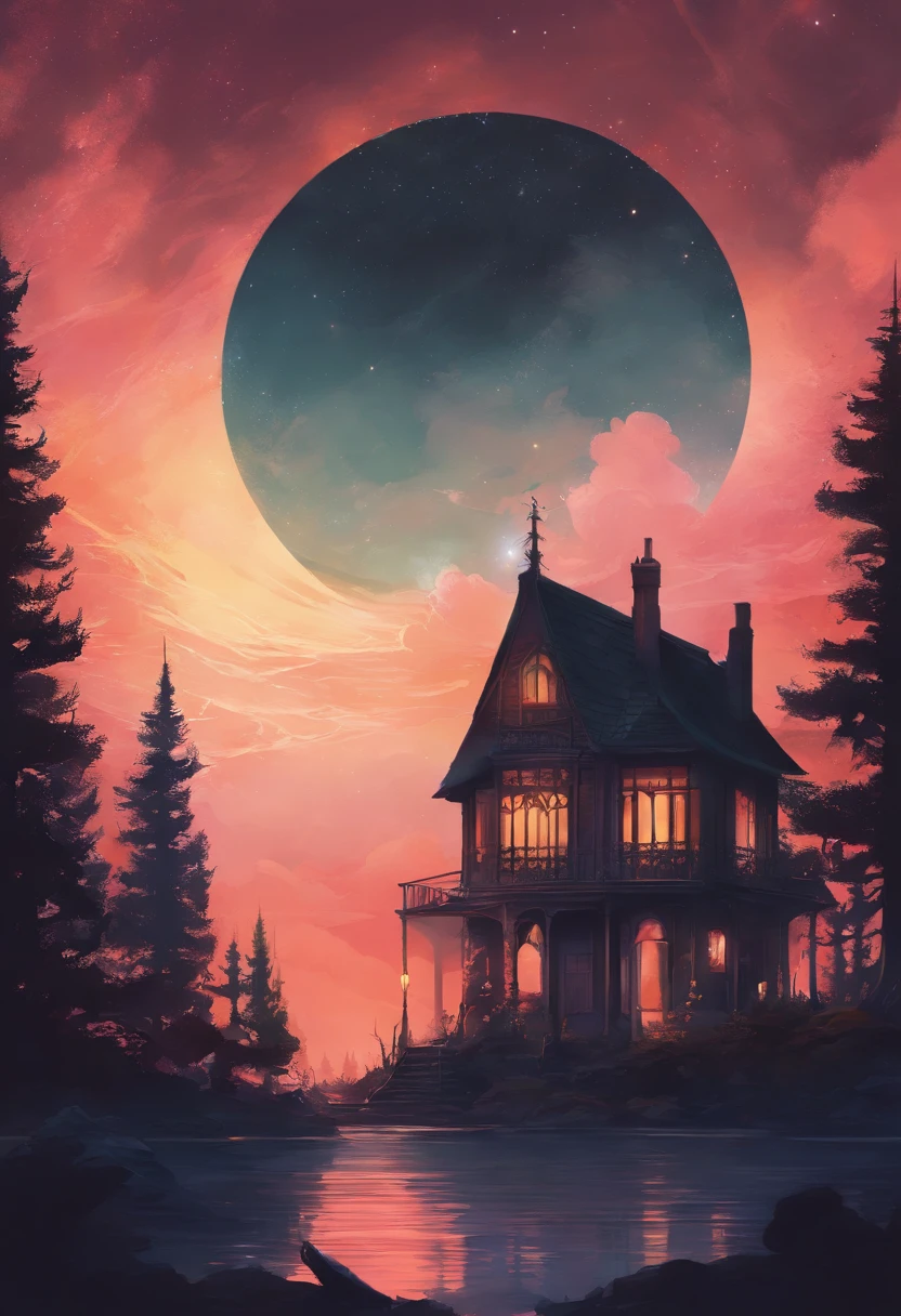 Nuit, ciel sombre, pleine lune, star, maison au centre, arbres, horreur, Silhouette through the window, style stranger things, Werewolf Head in the Sky