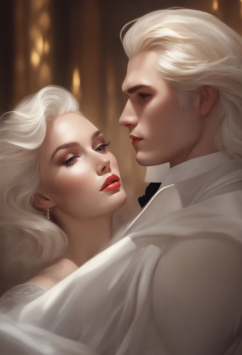 masterpiece, highest quality, (solo focus), (perfect face:1.1), (high detail:1.1),dramatic, 1guy, (pale skin), long white hair, white eyes, [light eyebrows], solo, venetian mask, white luxury suit, covered navel, pouty lips, covered, ballroom, detailed background, art by artgerm and greg rutkowski,  cinematic lighting, roses