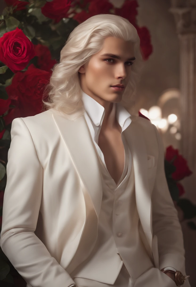 masterpiece, highest quality, (solo focus), (perfect face:1.1), (high detail:1.1),dramatic, 1guy, (pale skin), long white hair, white eyes, [light eyebrows], solo, venetian mask, white luxury suit, covered navel, pouty lips, covered, ballroom, detailed background, art by artgerm and greg rutkowski,  cinematic lighting, roses