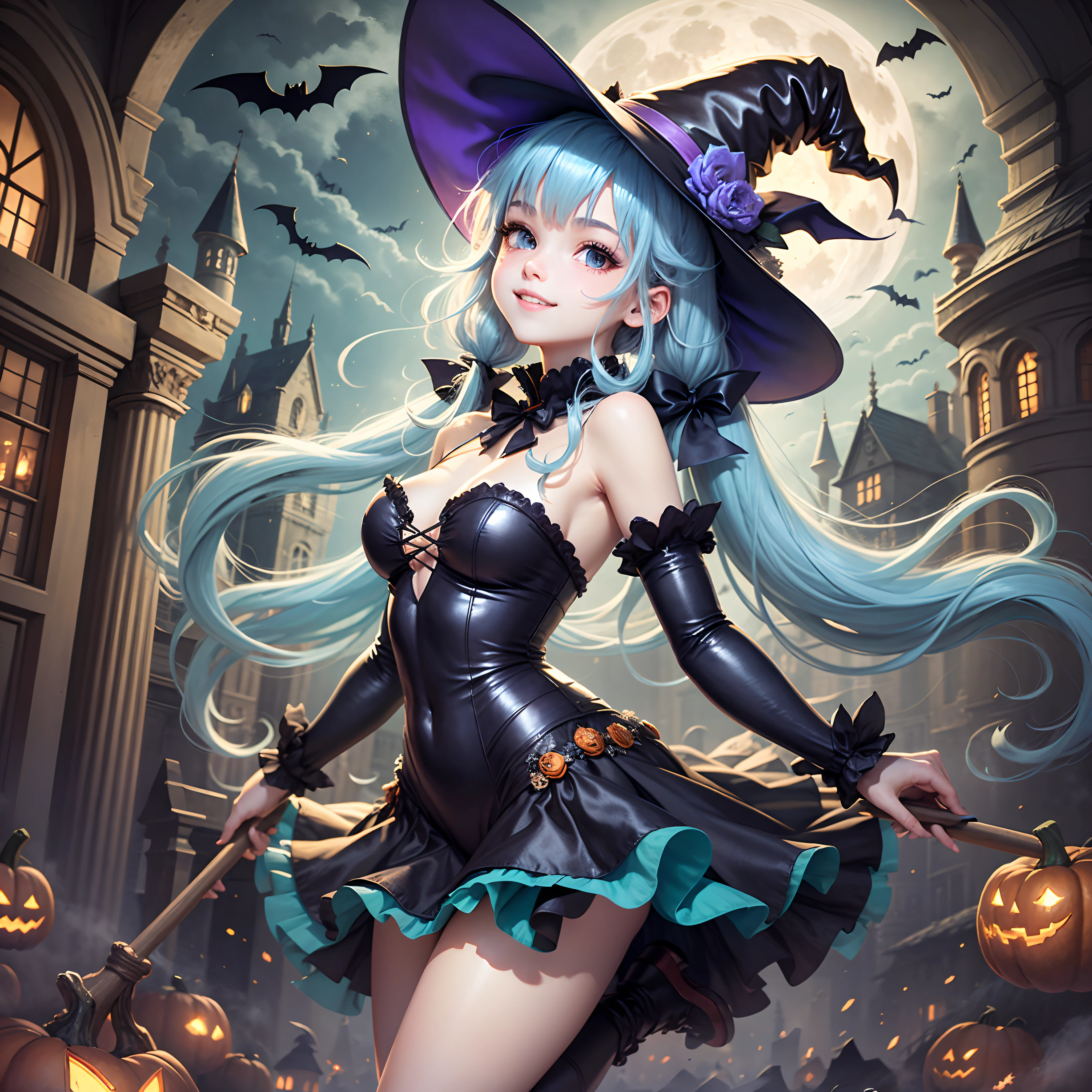 Masterpiece, long light blue hair, twin tails, glossy hair, charming smile, flying on broomstick, full body, , Halloween, open shoulder and chest costume, witch hat, big moon, castle, pumpkin, bat --auto --s2