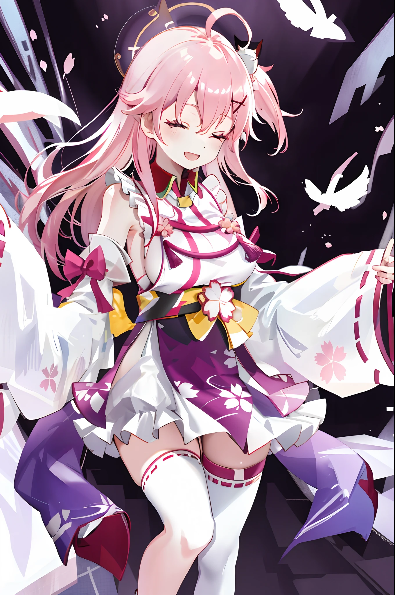masterpiece, best quality, highres, miko1, sakura_miko, 1girl, big_tits, solo, ahoge, x_hair_ornament, pink_hair, floral print, hairclip,(side_less_clothes:1.3), (side_tits:1.5), hair_bell, floral print, long_hair, hair between eyes, one side up, white thighhighs, asymmetrical legwear, wide sleeves, open_mouth,(happy:1.3),close_eyes,big_smile,rising_leg,plump,apart_legs,(overly_long_sleeves:1.3),(beautiful_fingers),sleeves_past_wrists,hands_hidden_sleeves,sidelock_clothes,dynamic_posing,solo,hidden_wrists,