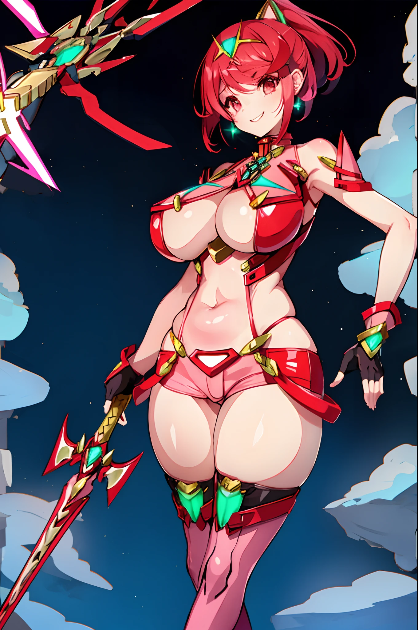 pyra \(xenoblade\), _1girl, lolings, black gloves, breasts, red eyes, shout, earrings, eyelashes, fingerless gloves, floating hair, , gem, gloves, hair ornament, headpiece, jewelry, gigantic_breasts, leaning back, swimsuit, neon trim, official art, pose, red hair, saitou masatsugu, short hair, sidelocks, skin tight, solo, swept bangs, thighhighs, tiara, fantasy_town_background, underbust, xenoblade chronicles \(series\), (xenoblade chronicles 2), (spread_legs:1.1), fire_effect,dynamic_pose,fighting,light_smile, (plump:1.1), big_ass,huge_sword, hold_large_sword_hilt, covered_nipples, covered_pussy, fists,ponytail,beautiful_fingers,(solo:1.1), bare_shoulder,(shoulder_naked:1.2), nipple_jewel,back, back_view, focus_ass,ass, (very_short_shorts:1.3),(lise_leg:1.3)