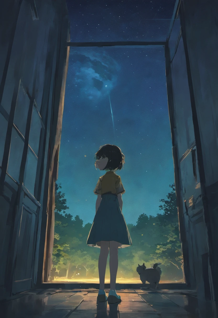 Nuit, ciel sombre, pleine lune, star, maison au centre, arbres, horreur, Silhouette through the window, stranger things, Werewolf Head in the Sky
