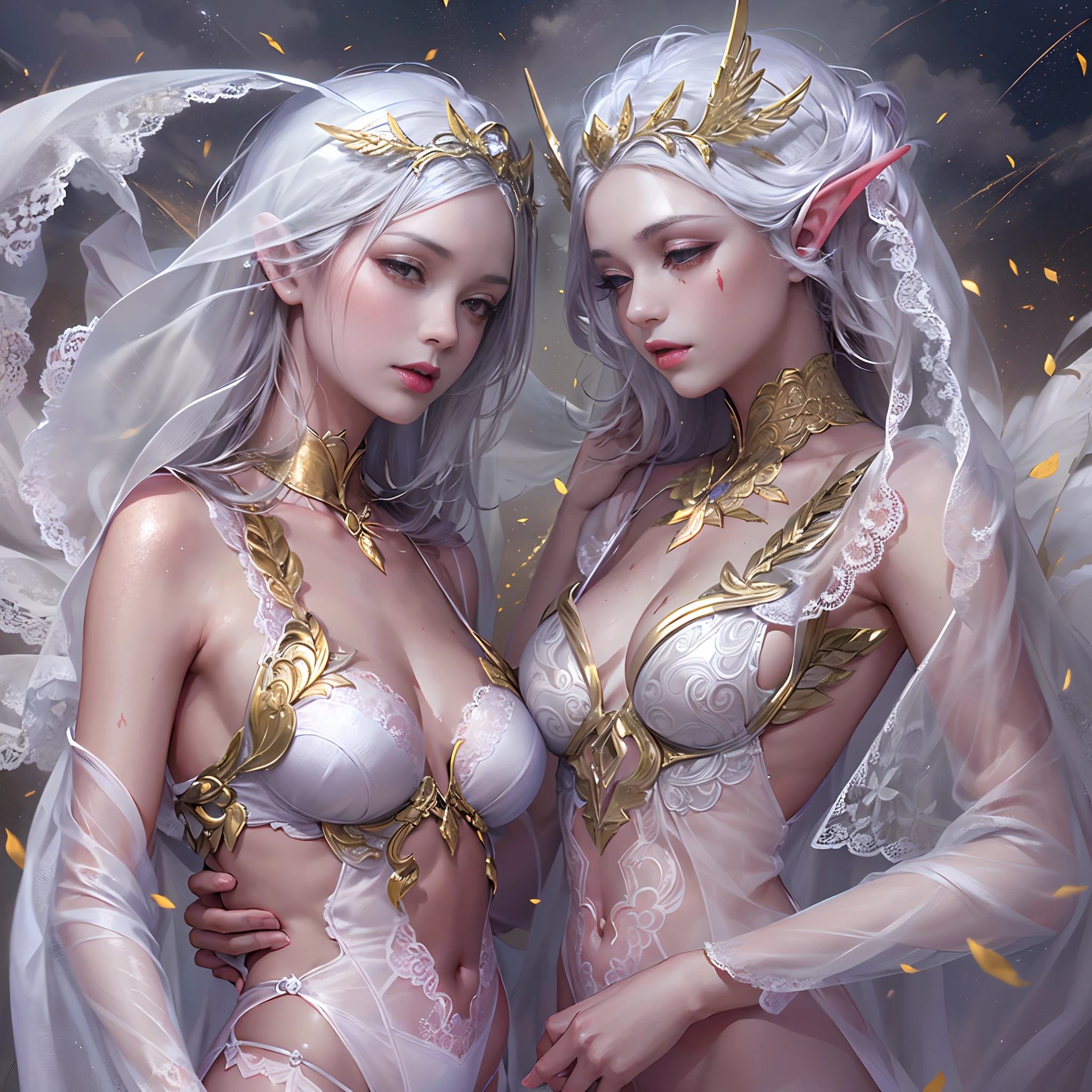 Sisters, Milky Way, Crescent Moon, Meteor Shower, Silver Hair, Feathered Angel Wings, Elven Ears, Transparent Finish, Realistic Body Lines, (((Many long white lace veils flutter in the wind))),((Red tattoo with womb under the navel))))), (Silk gold and silver lingerie), ((((Dirty crest)))