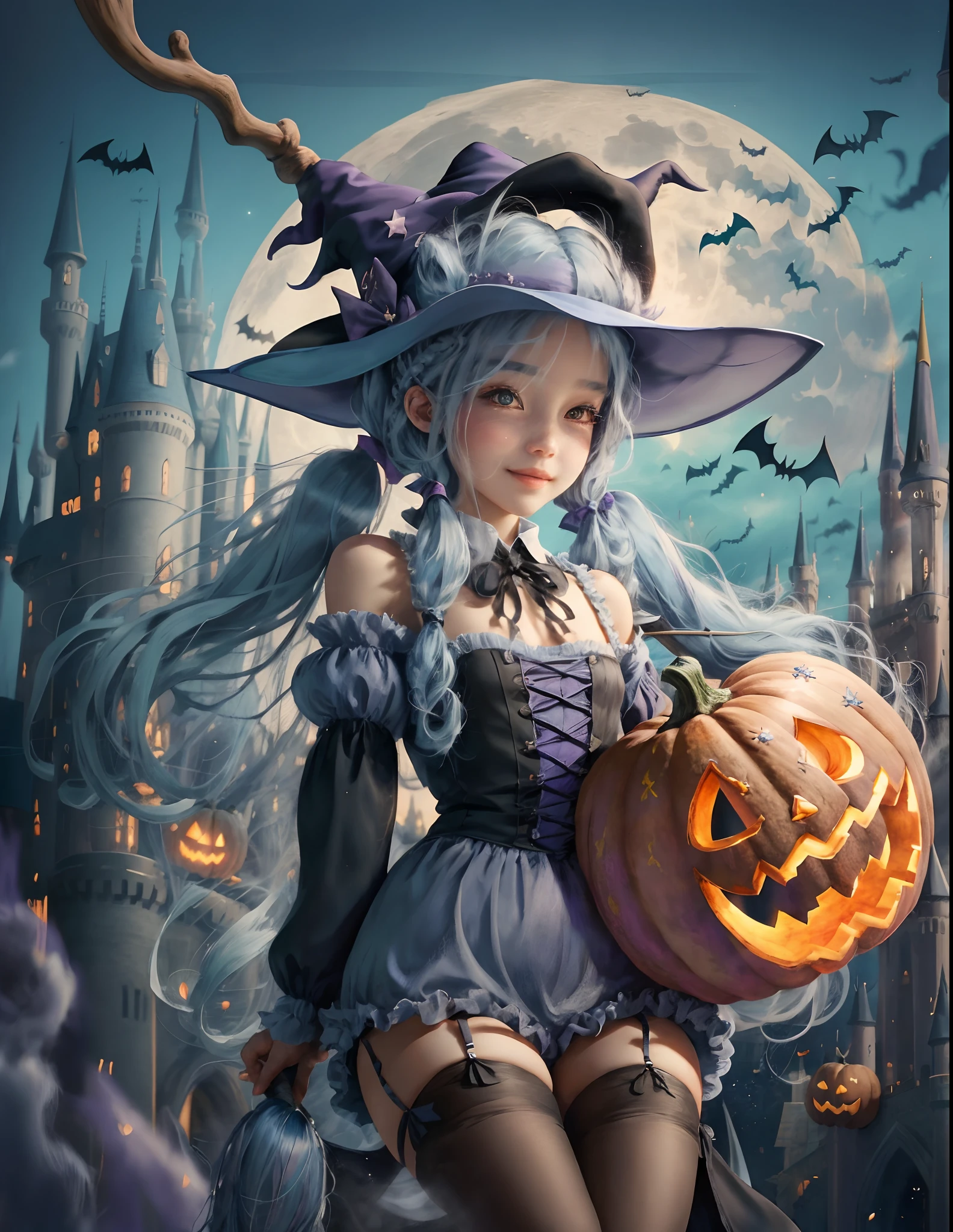 (Light blue medium hair:1.2),(Braided hair:1.2)、Pink eyes、Fair skin、cowboy shot、Halloween、The background is a pumpkin ghost、Crescent Moon、Trick or Treat、A lot of sweets、witch、Halloween night、Candy、many bat、Condescending expression、solo、(masterpiece、Highest quality、Very detailed、Best Shadow)、(Detailed Background)、(Beautifully detailed face)、High contrast、(Best lighting、Very delicate and beautiful)、(Cinematic Light)、colorful、Hyper Detail、Dramatic Light、Exquisite detail、