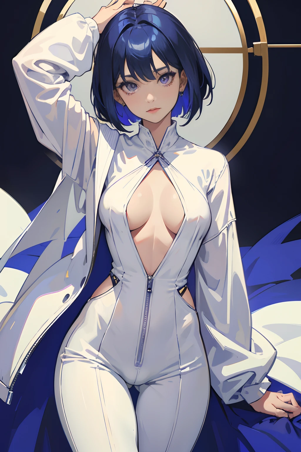 1woman, Beautiful Woman , blue hair , bob hair style , purple eyes , mature woman , white jumpsuit , over sized coller , Small chest, thigh gap