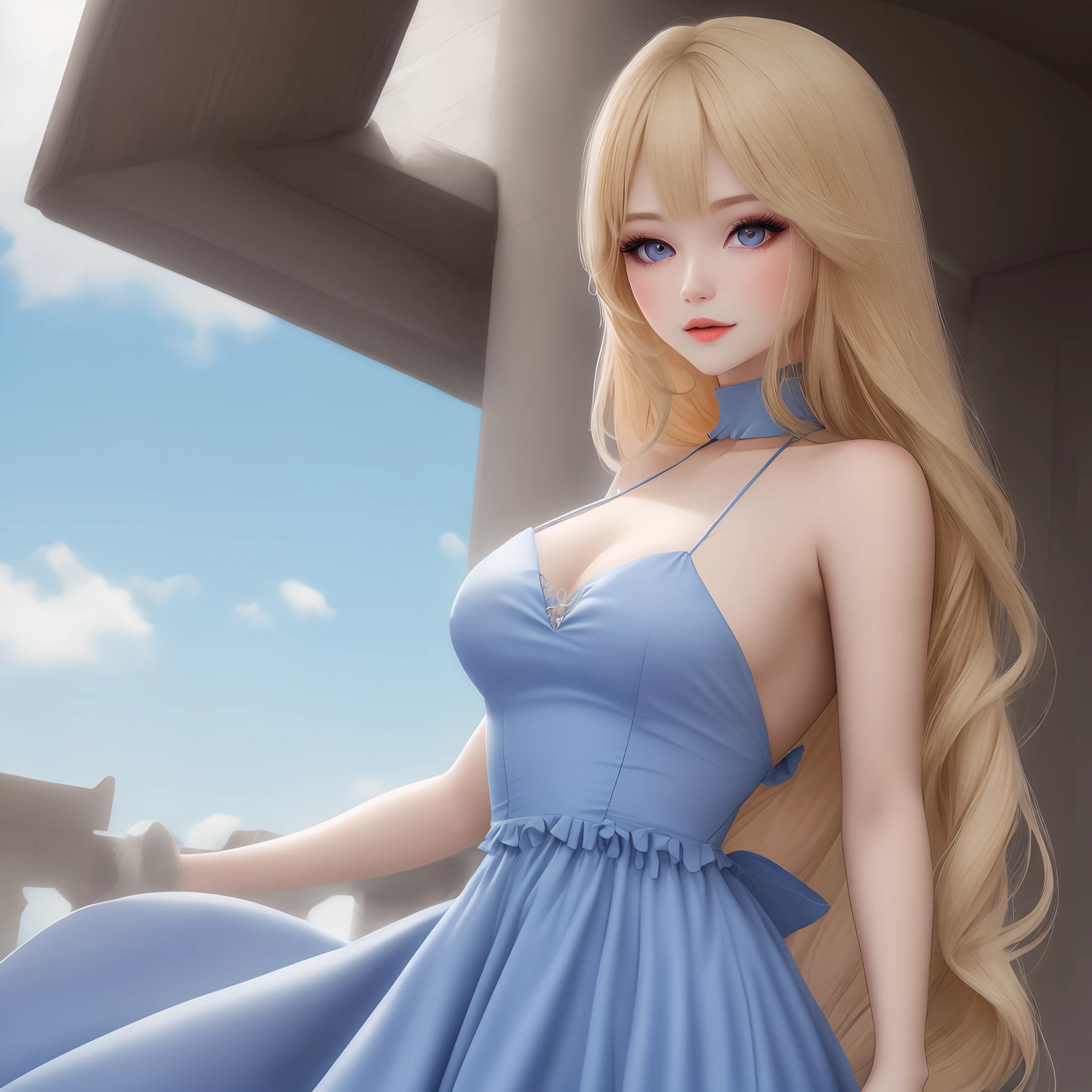 A woman that has long blonde hair, her eye color is light blue she is wearing a sky blue dress