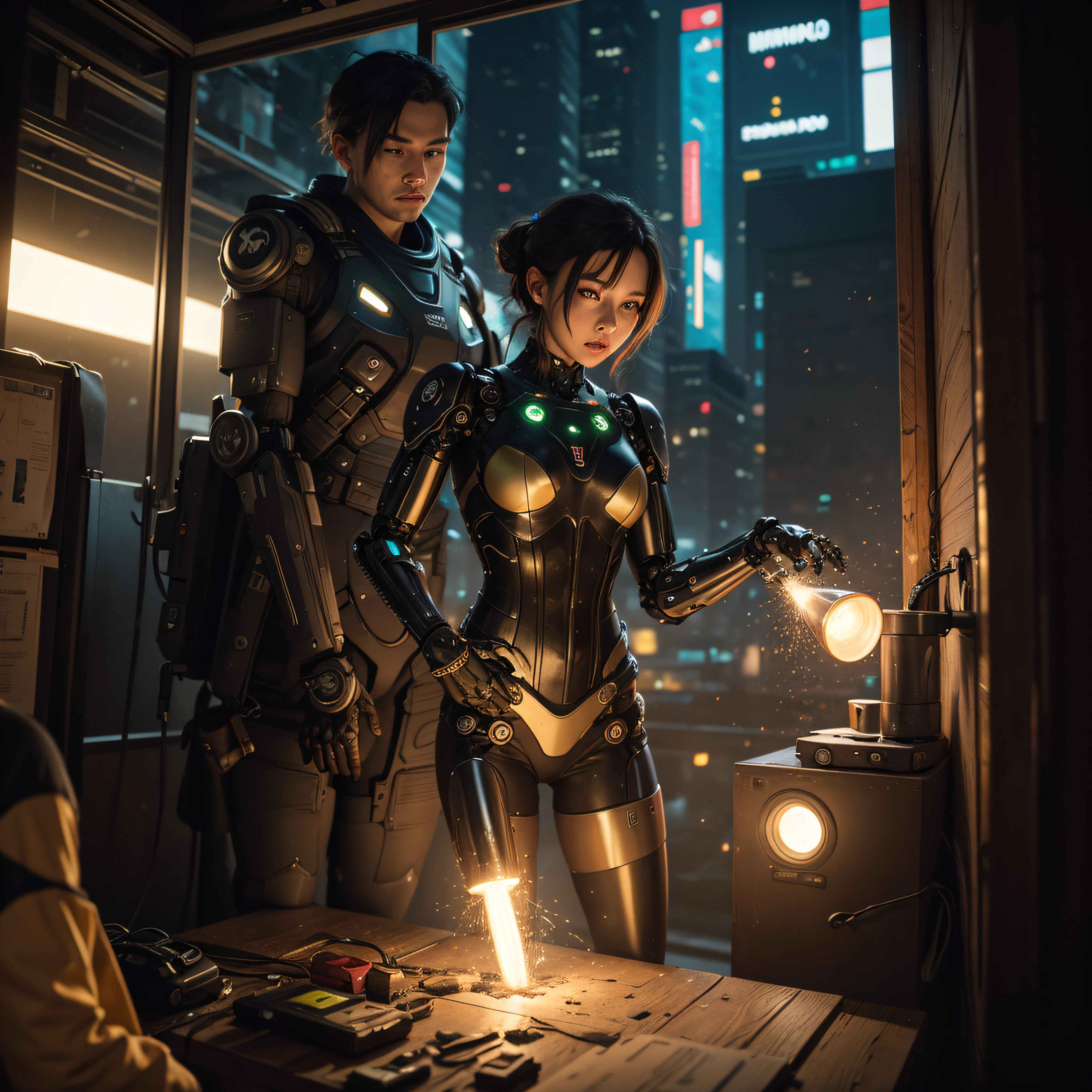((calidad superior)), ((obra maestra)), ((realista)), (Los detalles), (fotorrealista:1.5), Science-Fiction, HDR, Trazado de rayos, NVIDIA RTX, Los ultra-Highres, Irreal 5, Sub-Surface Scatterring, PBR texturizado, Post-procesamiento, Anisotropic filtering, Profundidad de campos, maximum sharpness and sharpness, Regla de los tercios、8K RAW、(Luminescent Particles:1.4)、(super-detailed CG、Unidad 8k Fondos de pantalla、lighting like a movie、destello de lente、foco nítido. Girl with yellow corset, Robotic Parts, Cannon fire, guerra urbana, Armas, pistola, Arte cyberpunk、arquitectura cyberpunk