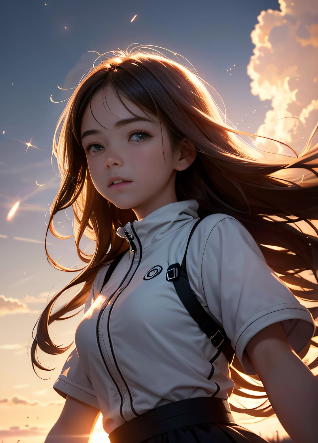 masterpiece, best quality, movie still, 1girl, 19yo, cloud girl, floating in the sky, close-up, bright, happy, warm soft lighting, sunset, (sparks:0.7), light particles, volumetric lighting, backlighting
