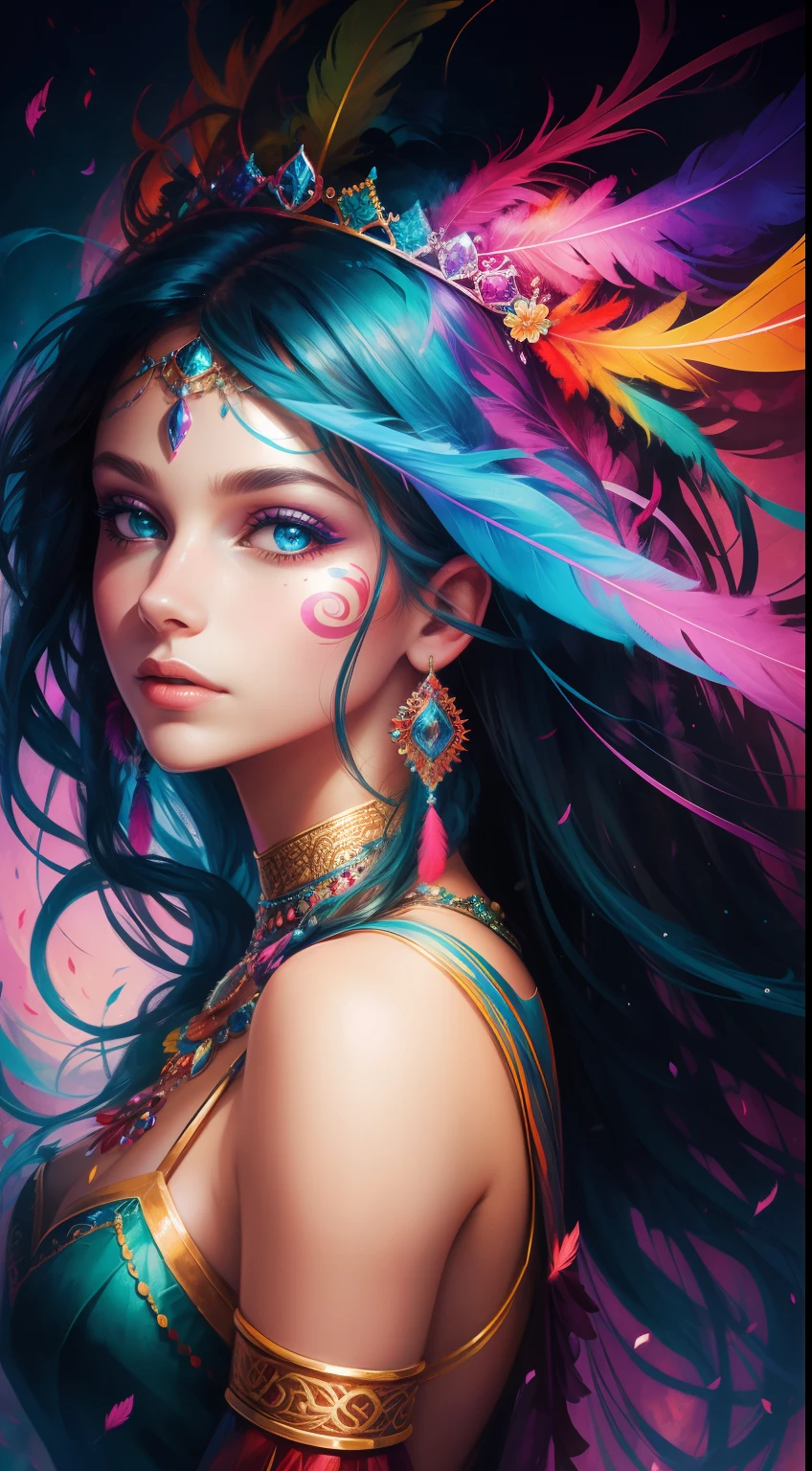 colorful portrait of a beautiful girl, vibrant colors, abstract elements, wearing a feather crown, fantasy style background, hyper realistic, bright lighting