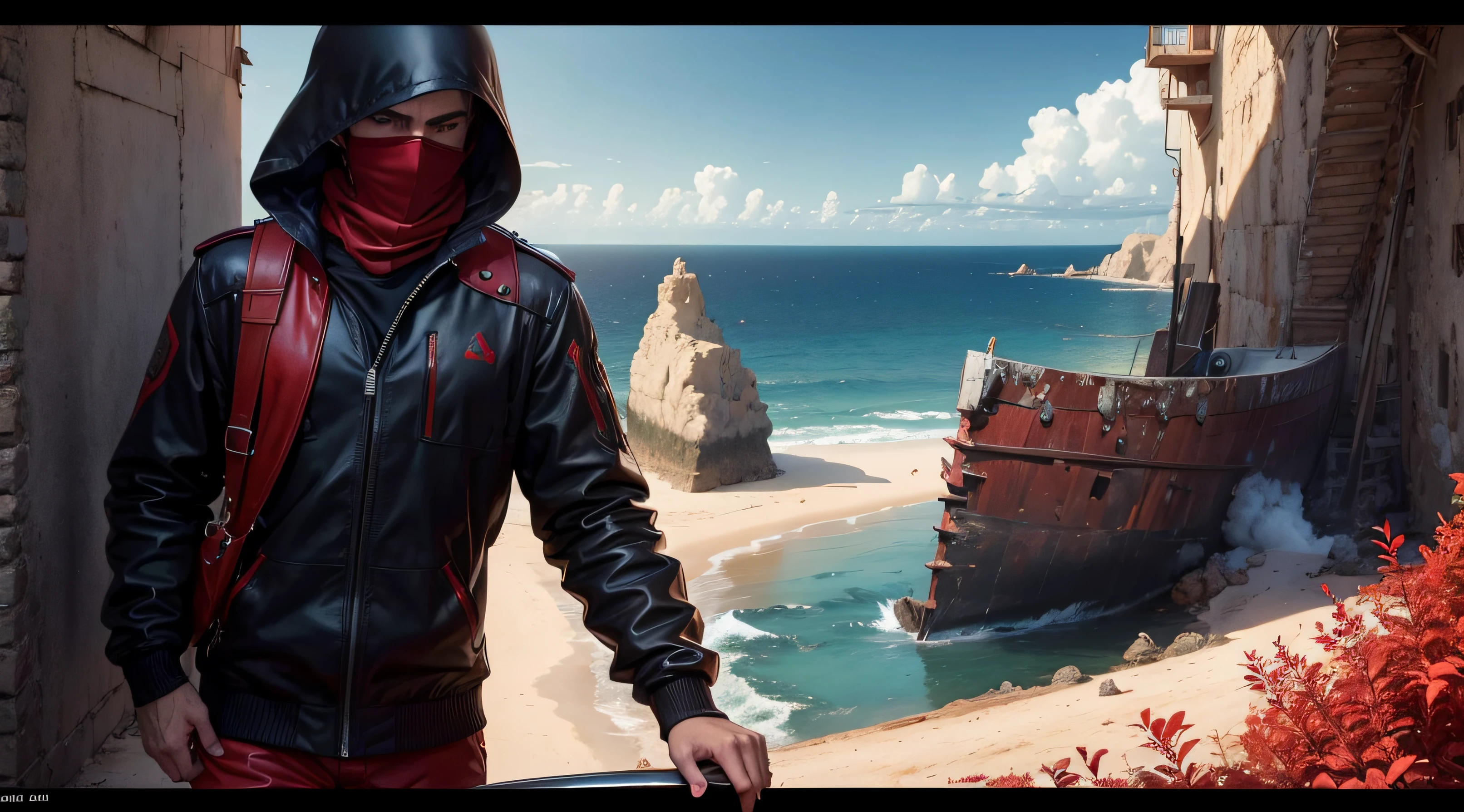 Real 100%, realiste, homme, Face hidden, yeux lumineux rouge, cagoule noir , veste noire, Ocean Bottom , derriere une fille a genoux , avec de l'argent par terre, 1920 x 1080p, mode paysage, avec des indications du maroc, un bateau marocain au loin, A motorcycle crashed into scalding water, A motorcycle next to the burning character, A motorcycle helmet next to the red leaf