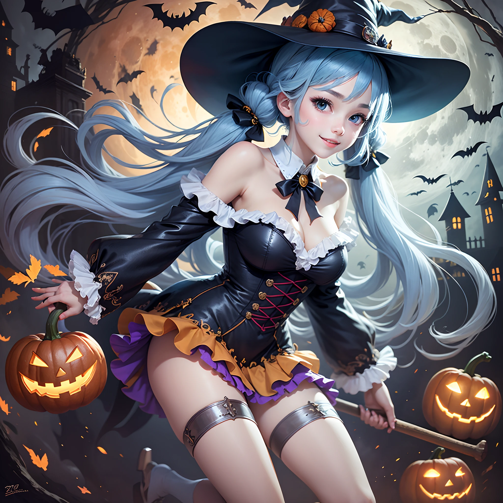 Masterpiece, long light blue hair, twin tails, glossy hair, charming smile, flying on broomstick, full body, , Halloween, open shoulder and chest costume, witch hat, big moon, castle, pumpkin, bat --auto --s2