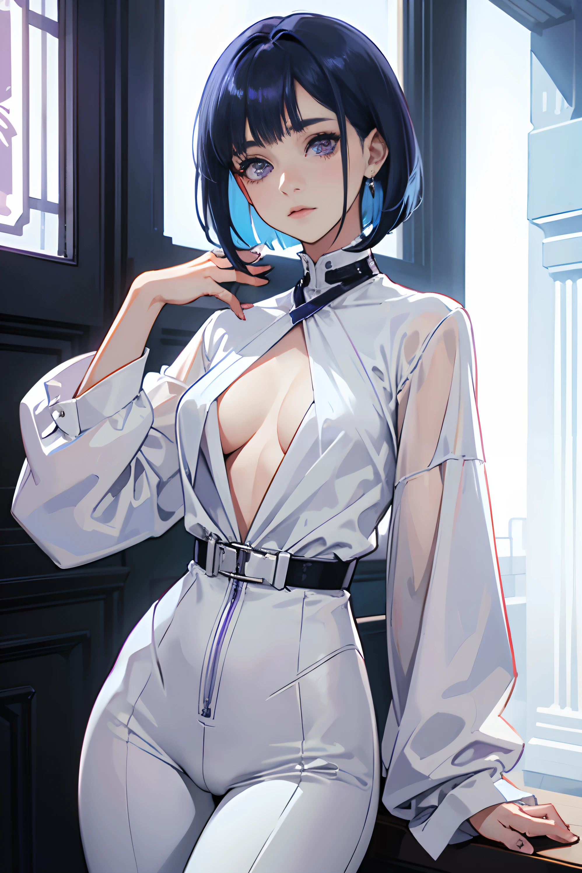 1woman, Beautiful Woman , blue hair , bob hair style , purple eyes , mature woman , white jumpsuit , over sized coller , Small chest, thigh gap