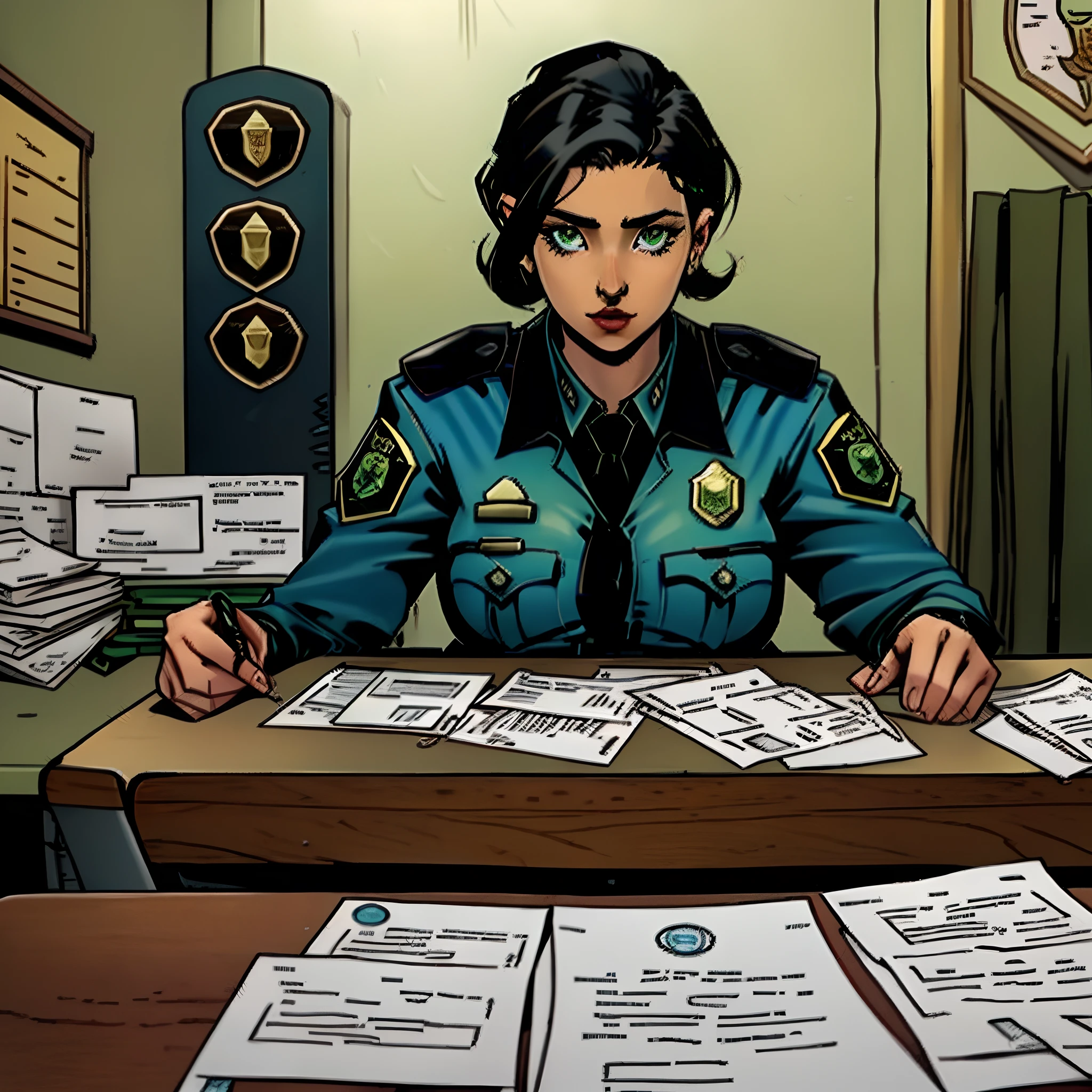 Policial Mulher (ela tem cabelos escuros e ondulado, e tem olhos verdes) Sitting at your desk inside the police department looking at an investigation board
