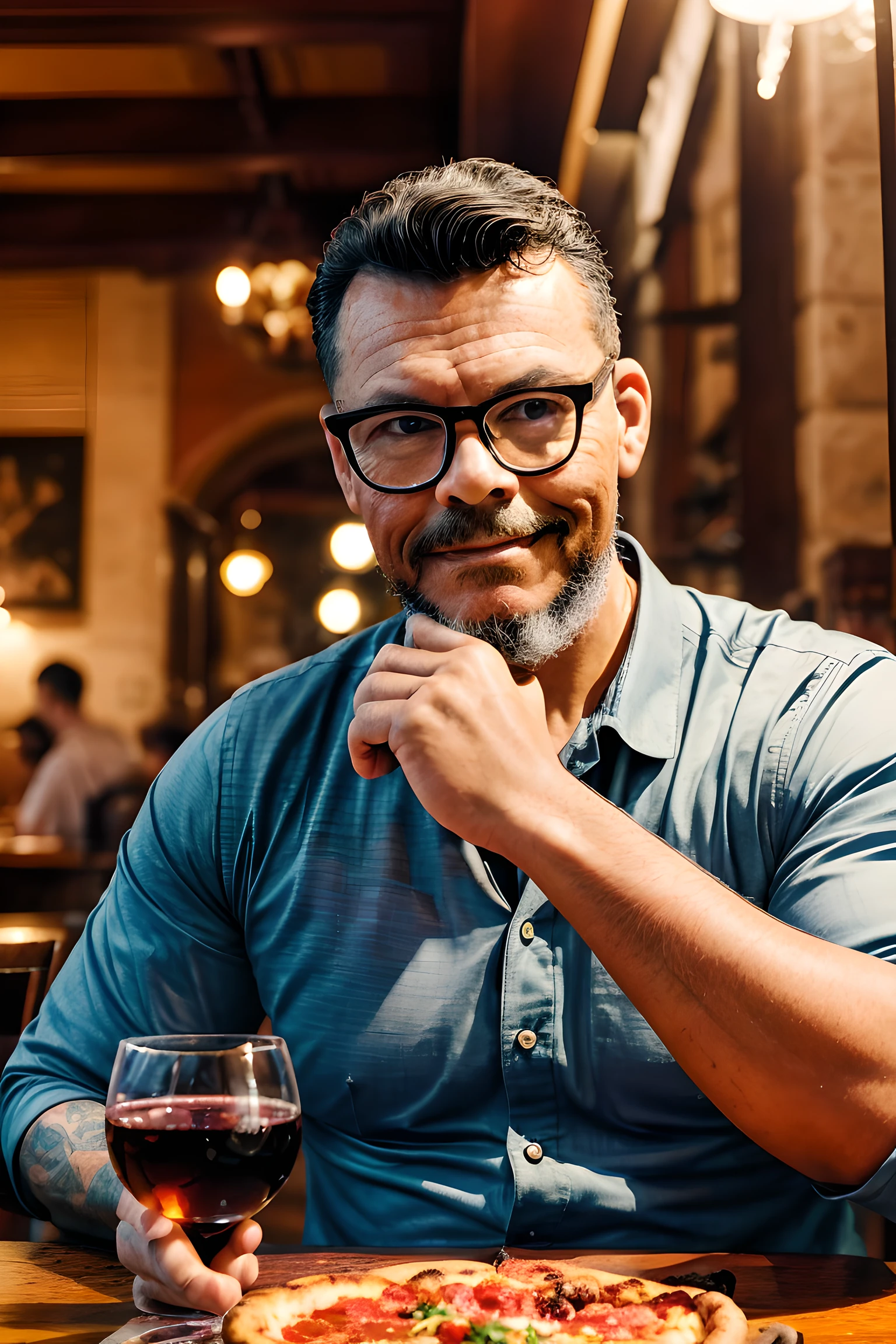 guttoepic2, Imagine a professional photograph for a magazine cover depicting a 1950s Italian trattoria. In the foreground, there's a man with intricately detailed and sharp facial features, wearing glasses and showcasing subtly confident smile. He has elaborately tattooed arms. This man is facing directly towards the viewer, engaged in enjoying a pepperoni pizza and sipping from a glass of red wine placed on his table. The background of the scene is softly blurred, emphasizing the man. The style should evoke influences from Brian Froud, Carne Griffiths, and Wadim Kashin, with intricate background details. Apply the 60-30-10 color rule, focusing on cool tones to create a sense of fear and mystery