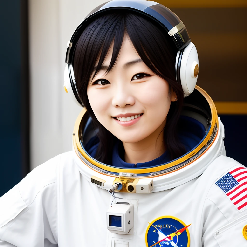 Japanese Woman smiling as a astronaut in a white Bulky spacesuit and helmet