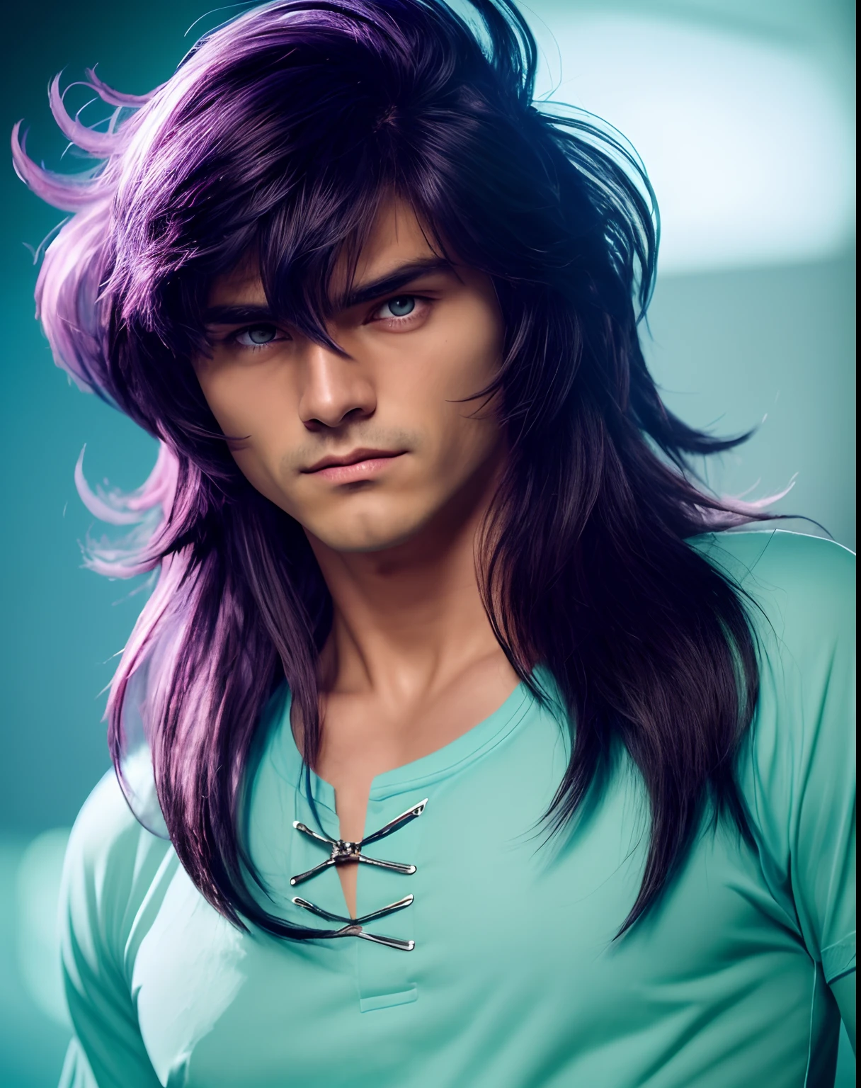 Cinematic stunningly detailed and ultra-realistic Milo Scorpio of Saint Seiya. Close up. He is wearing a light blue t-shirt. Octane is the perfect tool to capture the softest details of this 16k photography masterpiece. He is a handsome caucasian man about 30 years old. 1boy. Beautiful face. Detailed face. Beautiful nose. ((Pretty big turquoise eyes)). Perfect eyes. Defined eyes. Shaved. He has blue long hair. Messy hair. ((Shaved)). . He is staring his enemy.