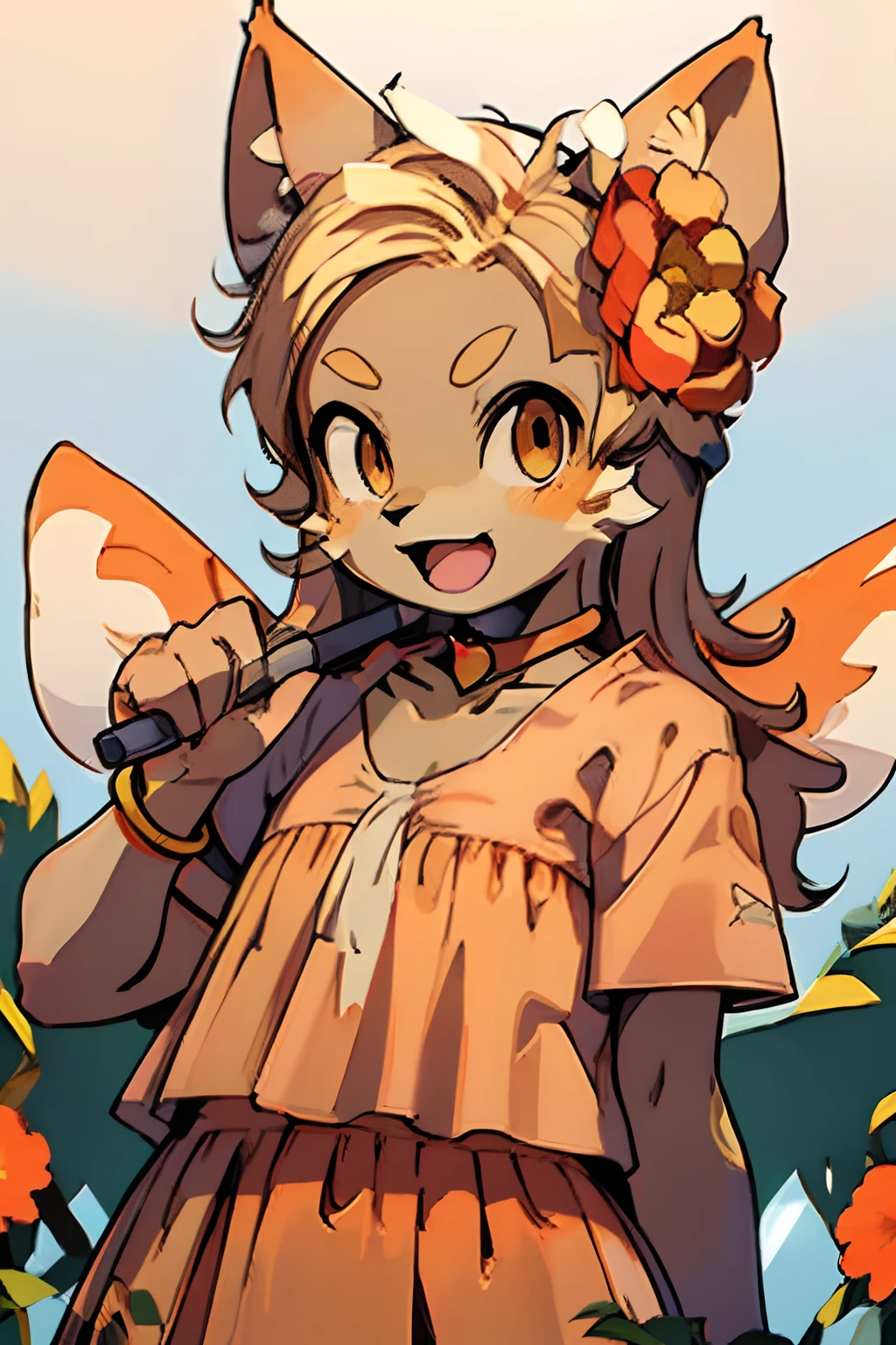 masterpiece, best quality, dqStella, brown eyes, fairy wings, hair flower, choker, necklace, orange dress, bracelet, upper body, looking at viewer, smirk, dusk, field, sky, tan, furrowed brow, :D, furry, anthropomorphic cat