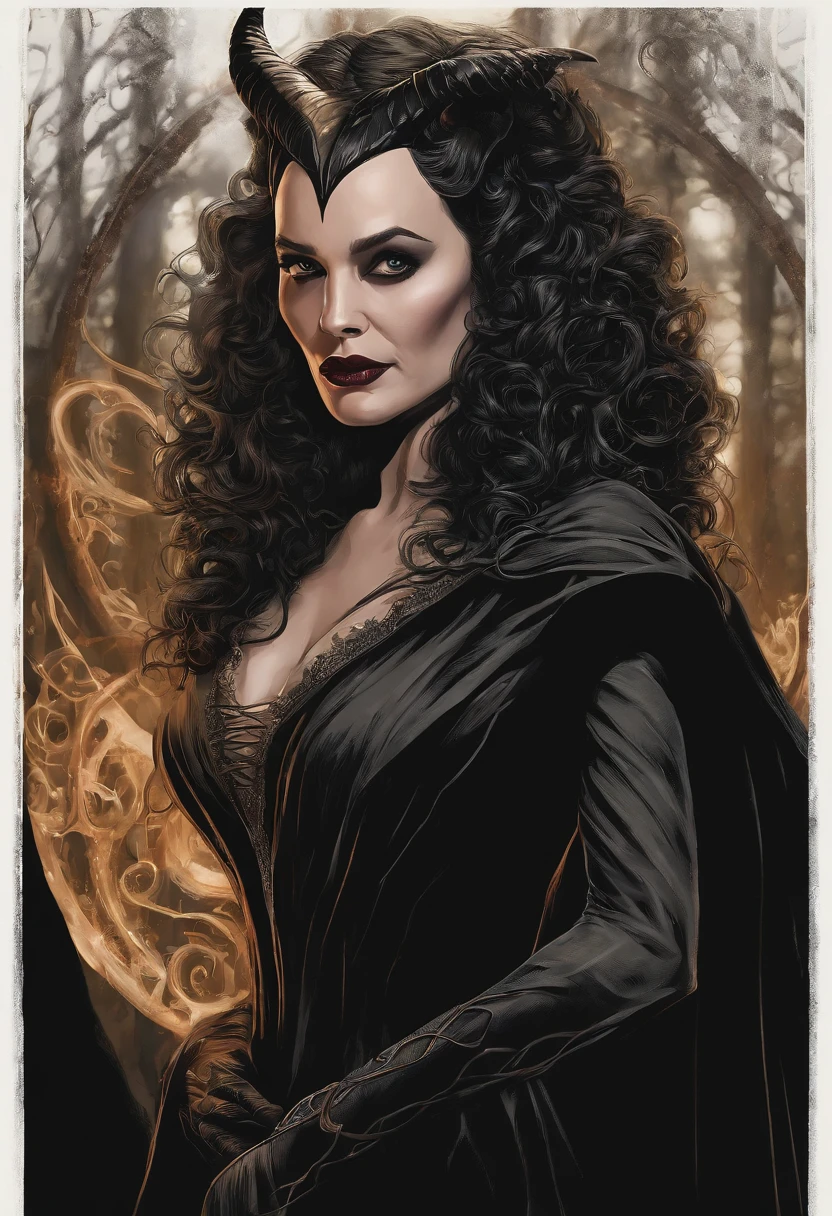 Maleficent, clad in her signature dark attire, holds a mesmerizing crystal ball in her hand. Her gaze is filled with intensity as she contemplates the creation of a powerful curse. The scene takes place in the depths of her foreboding lair, draped in shadows and adorned with mystical artifacts. The crystal ball pulsates with an otherworldly light, containing swirling tendrils of magical energy. The setting is bathed in an eerie, greenish glow, hinting at Maleficent's wicked intentions. The lighting accentuates her features, casting her face in a sinister yet captivating illumination. The colors are predominantly dark and mysterious, amplifying the atmospheric sense of malevolence. The camera, named "Shadowcaster 3000," captures the scene with a distorted lens, adding an unsettling distortion to the frames. The shot type is a close-up, focusing on Maleficent's gripping expression as she weaves her curse with unwavering determination. --ar 16:9 --v 5.2