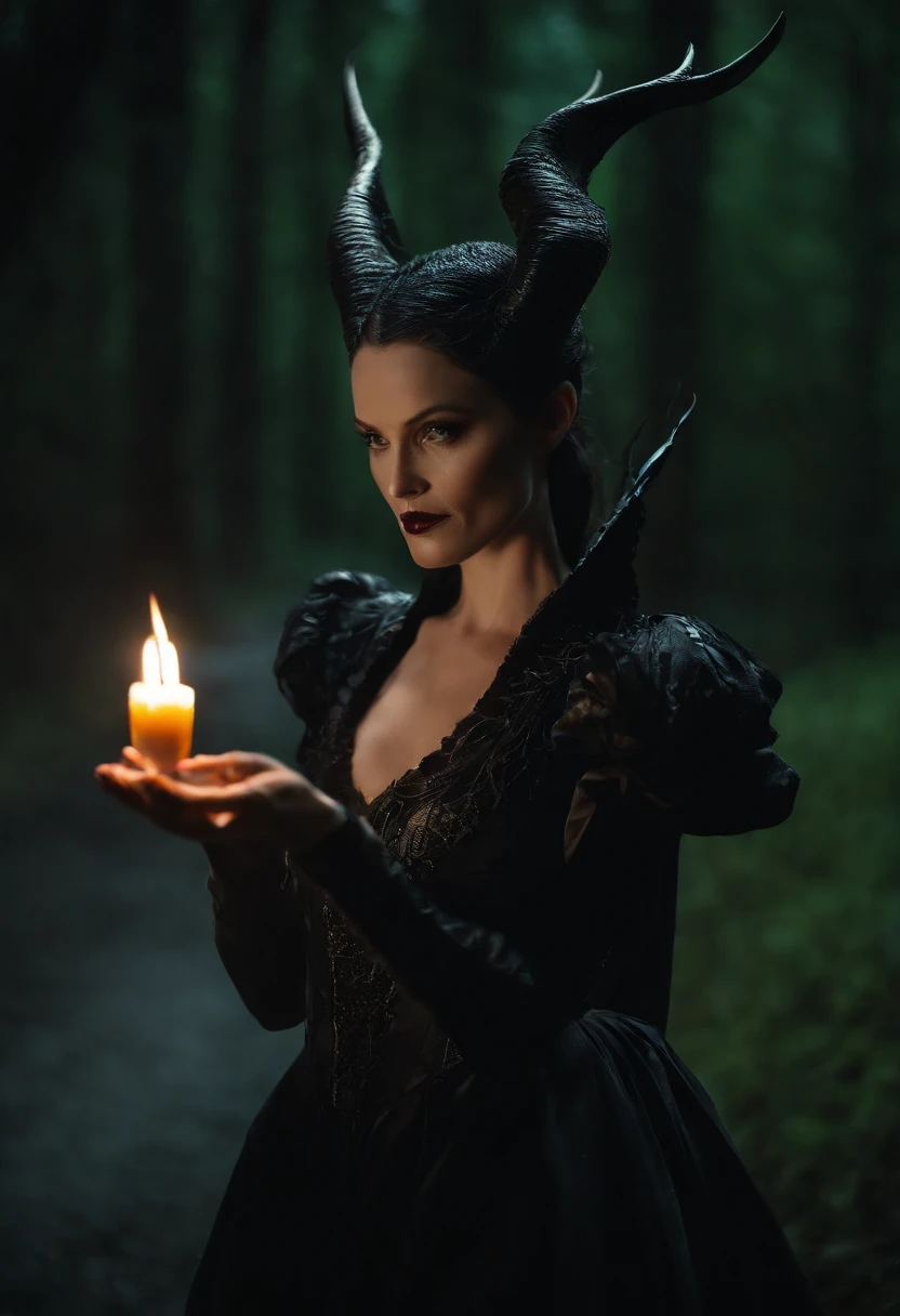 Maleficent, clad in her signature dark attire, holds a mesmerizing crystal ball in her hand. Her gaze is filled with intensity as she contemplates the creation of a powerful curse. The scene takes place in the depths of her foreboding lair, draped in shadows and adorned with mystical artifacts. The crystal ball pulsates with an otherworldly light, containing swirling tendrils of magical energy. The setting is bathed in an eerie, greenish glow, hinting at Maleficent's wicked intentions. The lighting accentuates her features, casting her face in a sinister yet captivating illumination. The colors are predominantly dark and mysterious, amplifying the atmospheric sense of malevolence. The camera, named "Shadowcaster 3000," captures the scene with a distorted lens, adding an unsettling distortion to the frames. The shot type is a close-up, focusing on Maleficent's gripping expression as she weaves her curse with unwavering determination. --ar 16:9 --v 5.2