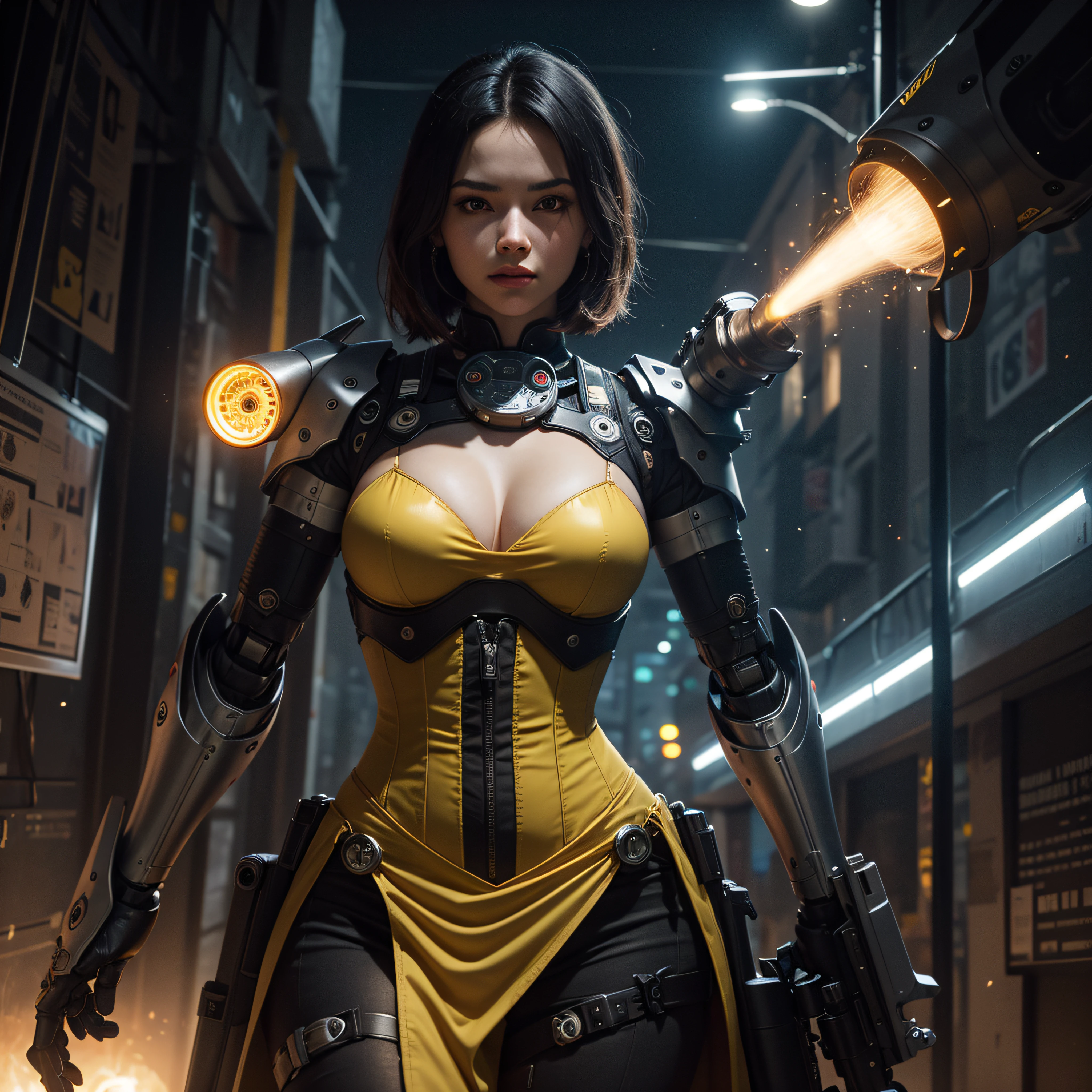 ((calidad superior)), ((obra maestra)), ((realista)), (Los detalles), (fotorrealista:1.5), Science-Fiction, HDR, Trazado de rayos, NVIDIA RTX, Los ultra-Highres, Irreal 5, Sub-Surface Scatterring, PBR texturizado, Post-procesamiento, Anisotropic filtering, Profundidad de campos, maximum sharpness and sharpness, Regla de los tercios、8K RAW、(Luminescent Particles:1.4)、(super-detailed CG、Unidad 8k Fondos de pantalla、lighting like a movie、destello de lente、foco nítido. Girl with yellow corset, Robotic Parts, Cannon fire, guerra urbana, Armas, pistola, Arte cyberpunk、arquitectura cyberpunk