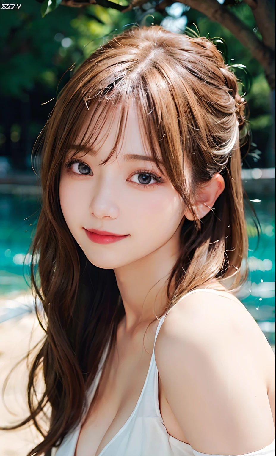 (RAW Photography:1.2)、top-quality、a beautiful detailed girl、a blond、a smile、extremely detailed eye and face、beatiful detailed eyes、huge filesize、hight resolution、8k wallpaper、finely detail、Very detailed 8k wallpaper、Light on the face、电影灯光、16-year-old girl、sexy  pose、(photorealisim:1.4)、illustratio、huge tit、Sexy Swimwear、huge-breasted