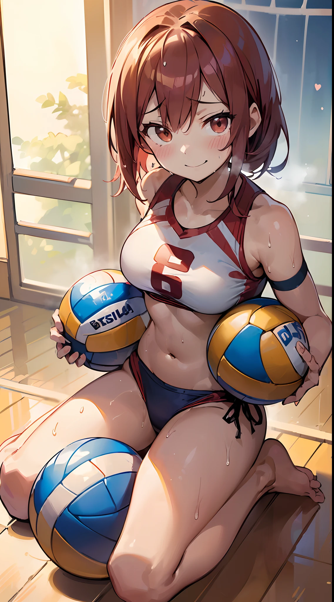 (((masutepiece))), (((Best Quality))), (((ultra-detailliert))), (((hight resolution))), ((superfine illustration)), ((Ultimate cutie)), Detailed beautiful face, Shiny hair, (gals), (medium breasts), (((Solo))), ((Drunken eyes)), ((Seductive smile)), ((Embarrassed expression)), (((blush))), Half-mouth opening, ((female beacvolleyball player)), BREAK, (((Sit astride a beautiful spherical 6-inch volleyball))), (((Spanning a beautiful spherical 6-inch volleyball))), (((Beautiful spherical 6 inch volleyball crotch))), (((Rub a beautiful spherical 6-inch ball into your crotch)))), BREAK, (((sports bikini))), (beacVolleyball uniform), ((Love Juice Stain)), (Bare hands), (barefoot), ((Sweat)), ((Covered in sweat)), (breathless), on beachvalleyball court, in beach, Lighting, Looking at Viewer, Full body, (Spoken Heart)