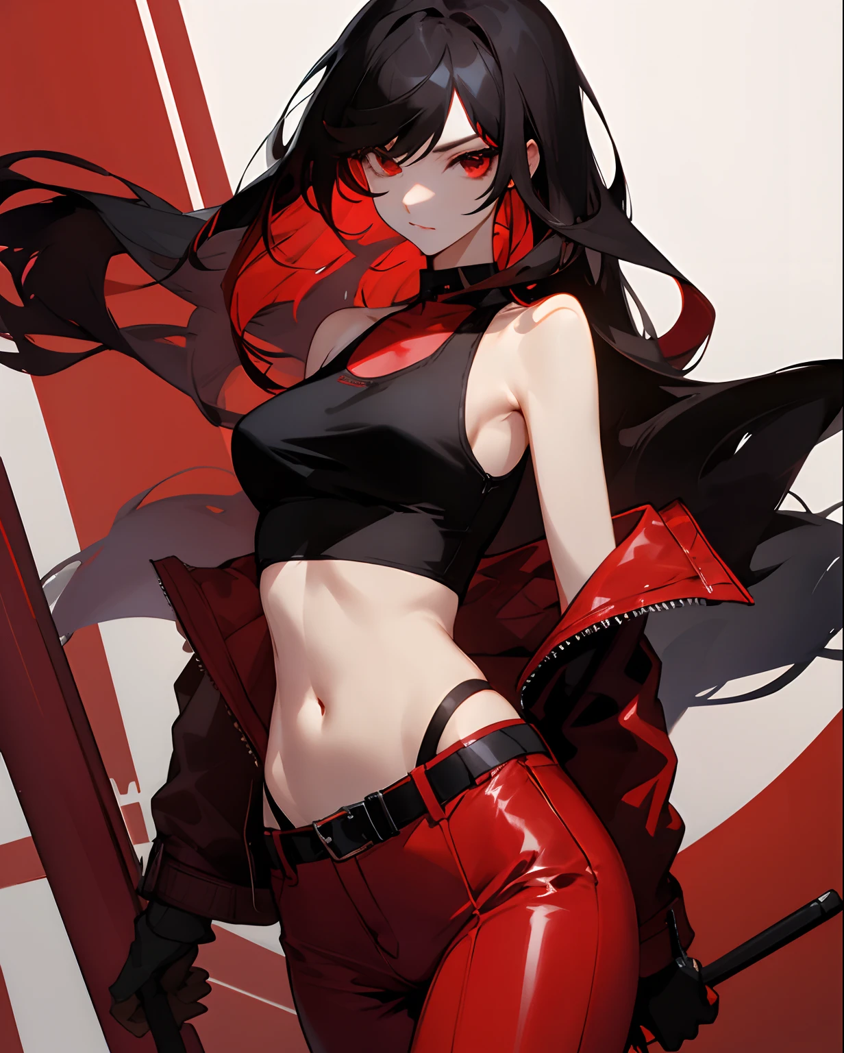 femele，Beautie，Red highlights on black hair，Long Wave Hair、Red Riders Jacket，Leather Pants Belt，Tank Tops，Navel Ejection，slender body，Real images with delicate details，Red eyeliner