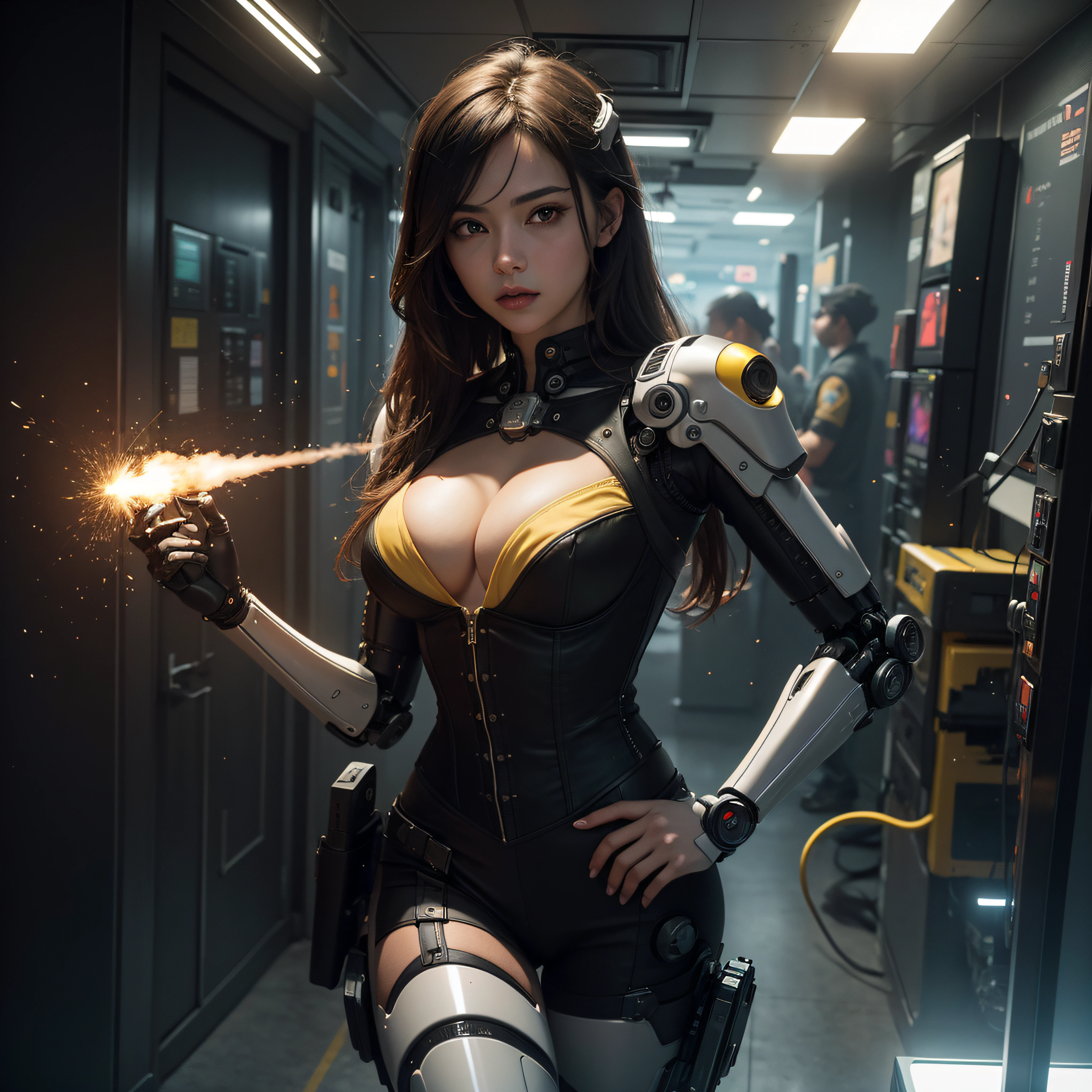 ((calidad superior)), ((obra maestra)), ((realista)), (Los detalles), (fotorrealista:1.5), Science-Fiction, HDR, Trazado de rayos, NVIDIA RTX, Los ultra-Highres, Irreal 5, Sub-Surface Scatterring, PBR texturizado, Post-procesamiento, Anisotropic filtering, Profundidad de campos, maximum sharpness and sharpness, Regla de los tercios、8K RAW、(Luminescent Particles:1.4)、(super-detailed CG、Unidad 8k Fondos de pantalla、lighting like a movie、destello de lente、foco nítido. Girl with yellow corset, Robotic Parts, Cannon fire, guerra urbana, Armas, pistola, Arte cyberpunk、arquitectura cyberpunk